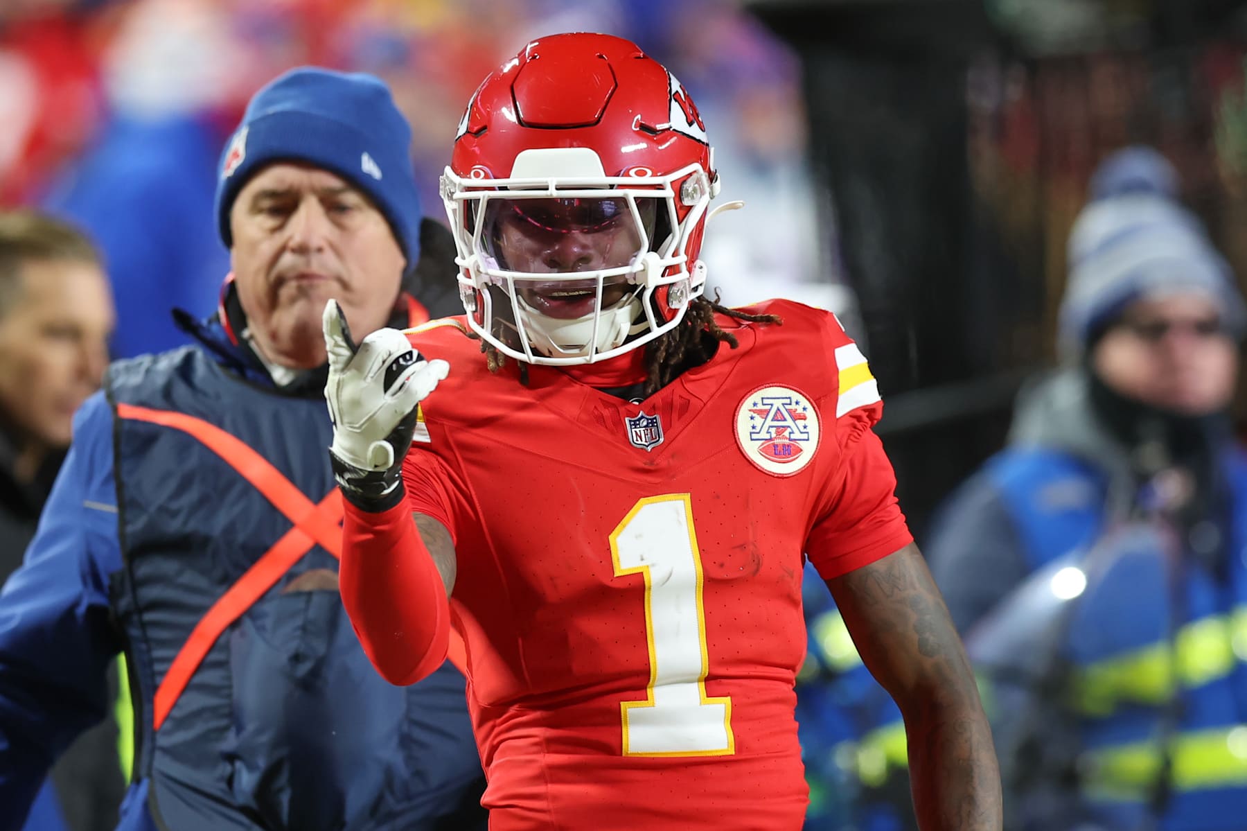 KANSAS CITY, MO - JANUARY 26: Kansas City Chiefs wide receiver Xavier Worthy (1) celebrates a first down catch in the second quarter of the AFC Championship game between the Buffalo Bills and Kansas City Chiefs on January 26, 2025 at GEHA Field at Arrowhead Stadium in Kansas City, MO. (Photo by Scott Winters/Icon Sportswire via Getty Images)