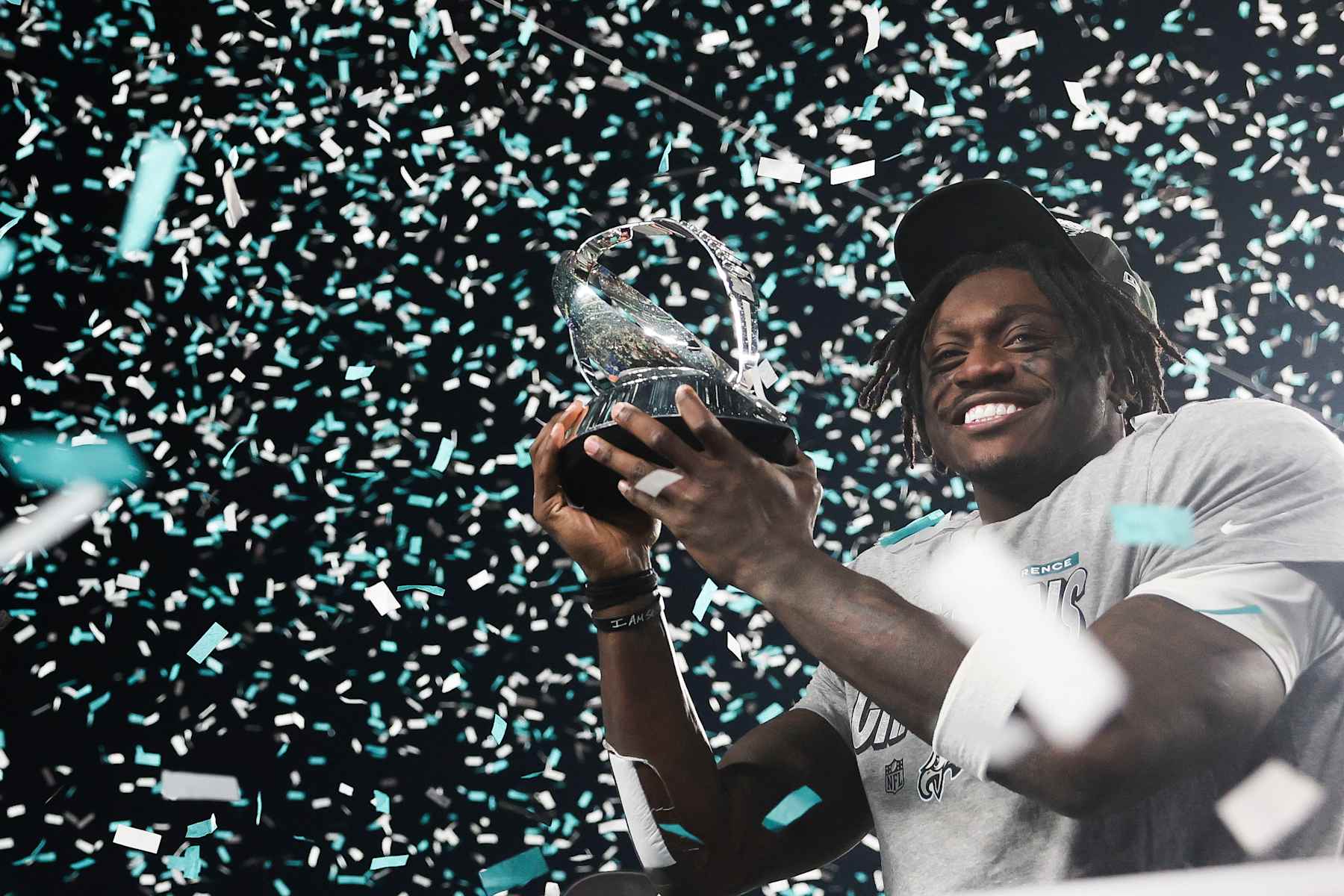 PHILADELPHIA, PENNSYLVANIA - JANUARY 26: A.J. Brown #11 of the Philadelphia Eagles celebrates following the NFC Championship Game against the Washington Commanders at Lincoln Financial Field on January 26, 2025 in Philadelphia, Pennsylvania. (Photo by Kathryn Riley/Getty Images)