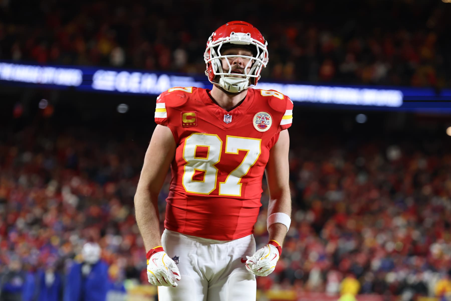 KANSAS CITY, MO - JANUARY 26: Kansas City Chiefs tight end Travis Kelce (87) celebrates after quarterback Patrick Mahomes (15) scored a touchdown in the second quarter of the AFC Championship game between the Buffalo Bills and Kansas City Chiefs on January 26, 2025 at GEHA Field at Arrowhead Stadium in Kansas City, MO. (Photo by Scott Winters/Icon Sportswire via Getty Images)