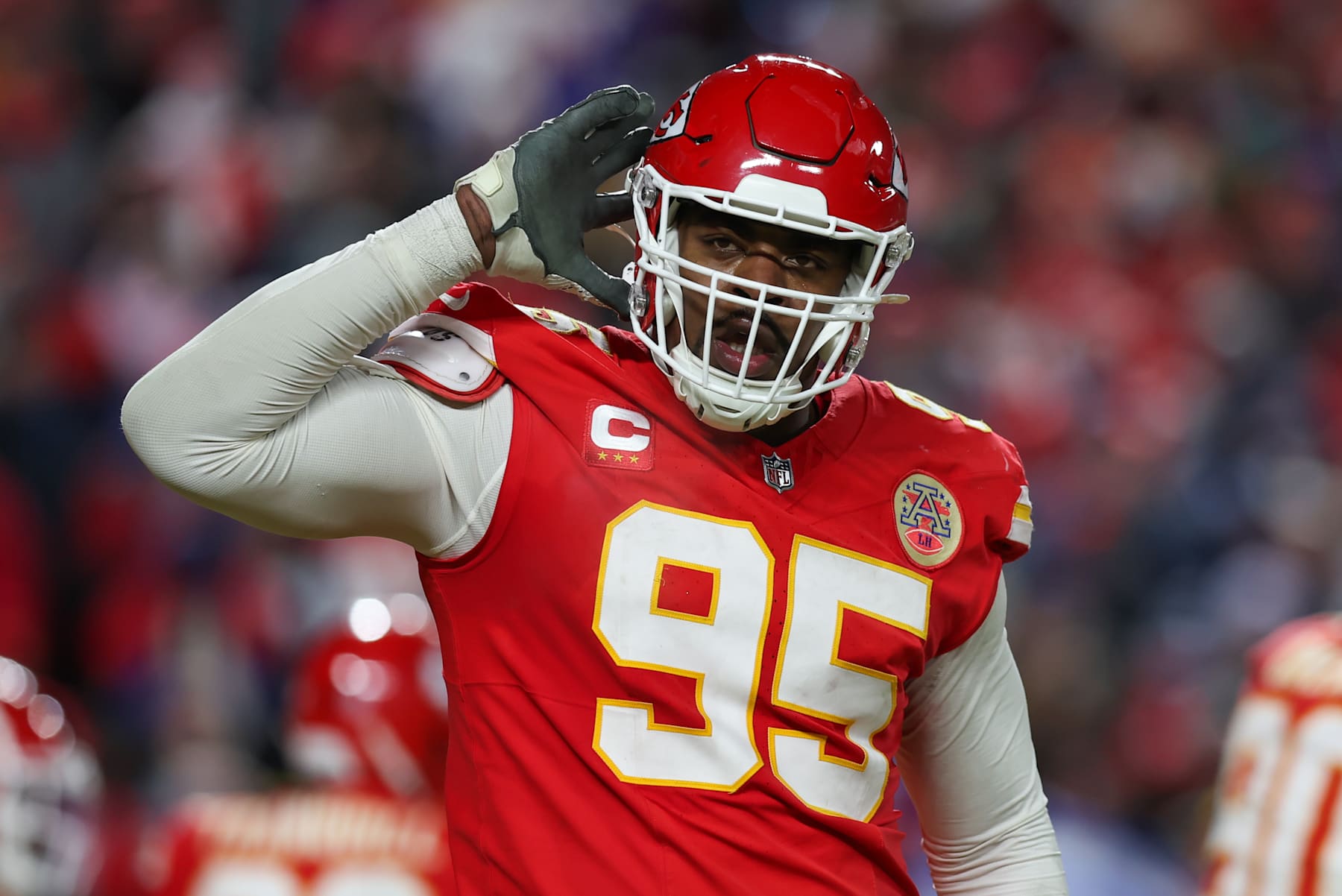 KANSAS CITY, MO - JANUARY 26: Kansas City Chiefs defensive tackle Chris Jones (95) implores the crowd to make noise before a fourth and goal in the fourth quarter of the AFC Championship game between the Buffalo Bills and Kansas City Chiefs on January 26, 2025 at GEHA Field at Arrowhead Stadium in Kansas City, MO. (Photo by Scott Winters/Icon Sportswire via Getty Images)