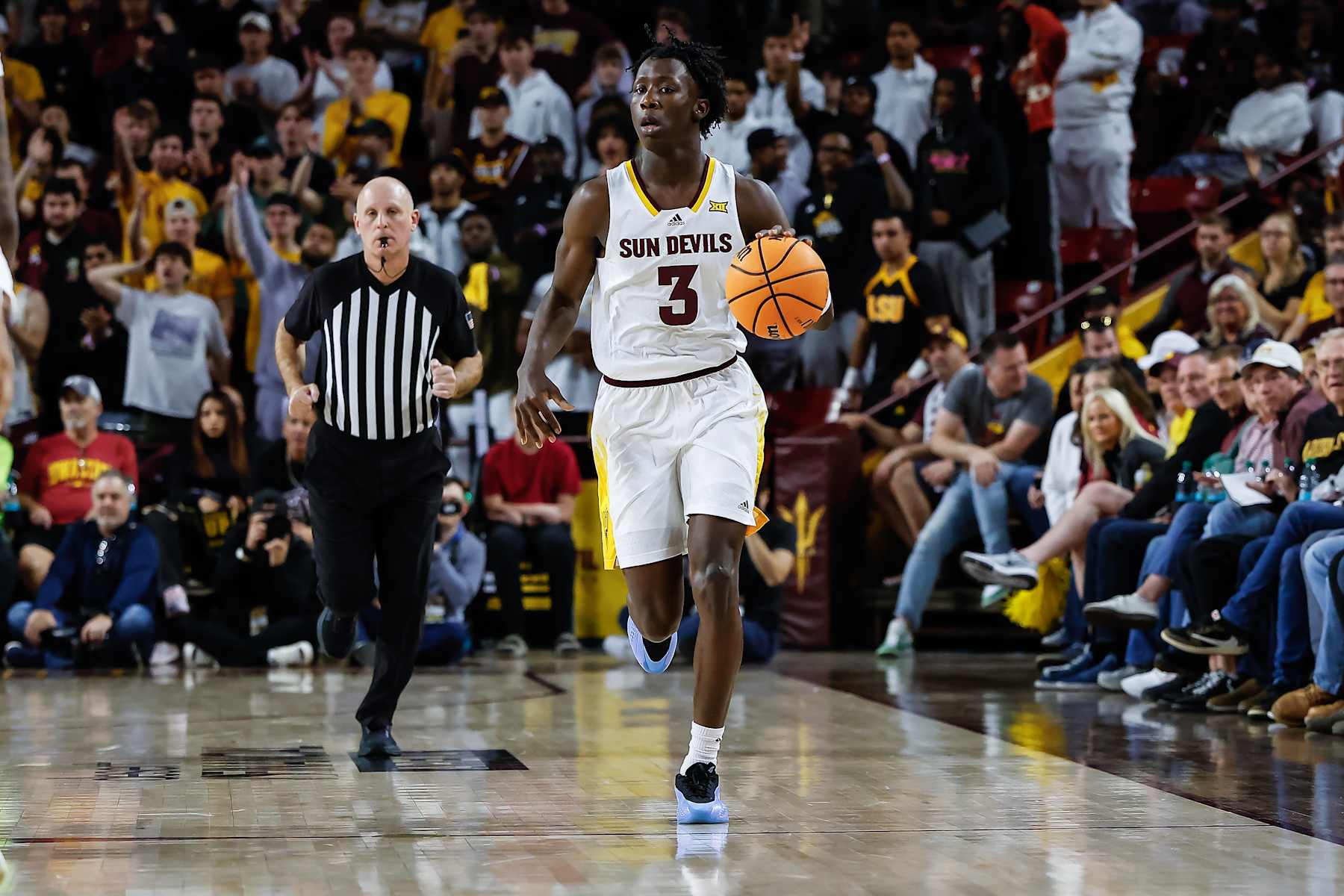 SCOTTSDALE, AZ - JANUARY 25: Arizona State Sun Devils guard Joson Sanon (3) dribbles the ball during the college basketball game between the Iowa State Cyclones and the Arizona State Sun Devils on January 25, 2025 at Desert Financial Arena in Tempe, Arizona. (Photo by Kevin Abele/Icon Sportswire via Getty Images)
