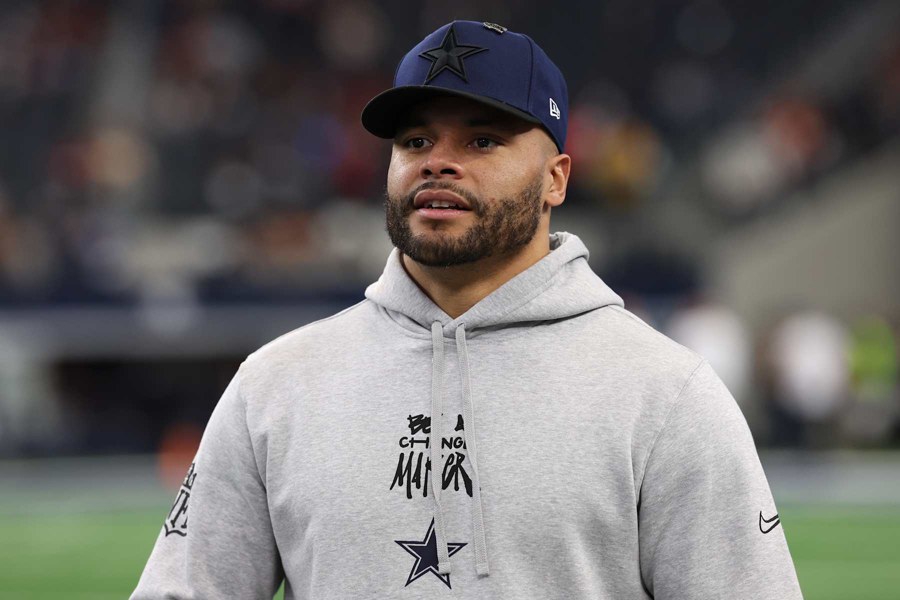 ARLINGTON, TEXAS - JANUARY 05: Dak Prescott #4 of the Dallas Cowboys looks on prior to the game against the Washington Commanders at AT&T Stadium on January 05, 2025 in Arlington, Texas. (Photo by Sam Hodde/Getty Images)