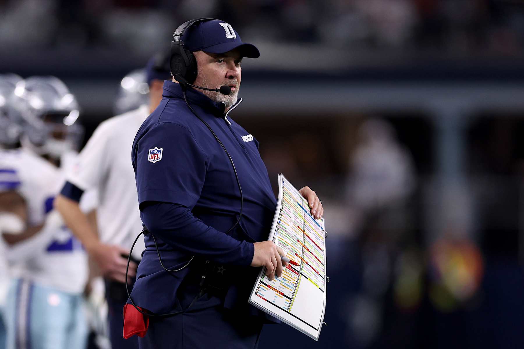 ARLINGTON, TEXAS - NOVEMBER 18: Head coach Mike McCarthy of the Dallas Cowboys looks on against the Houston Texans during the third quarter in the game at AT&T Stadium on November 18, 2024 in Arlington, Texas. (Photo by Sam Hodde/Getty Images)