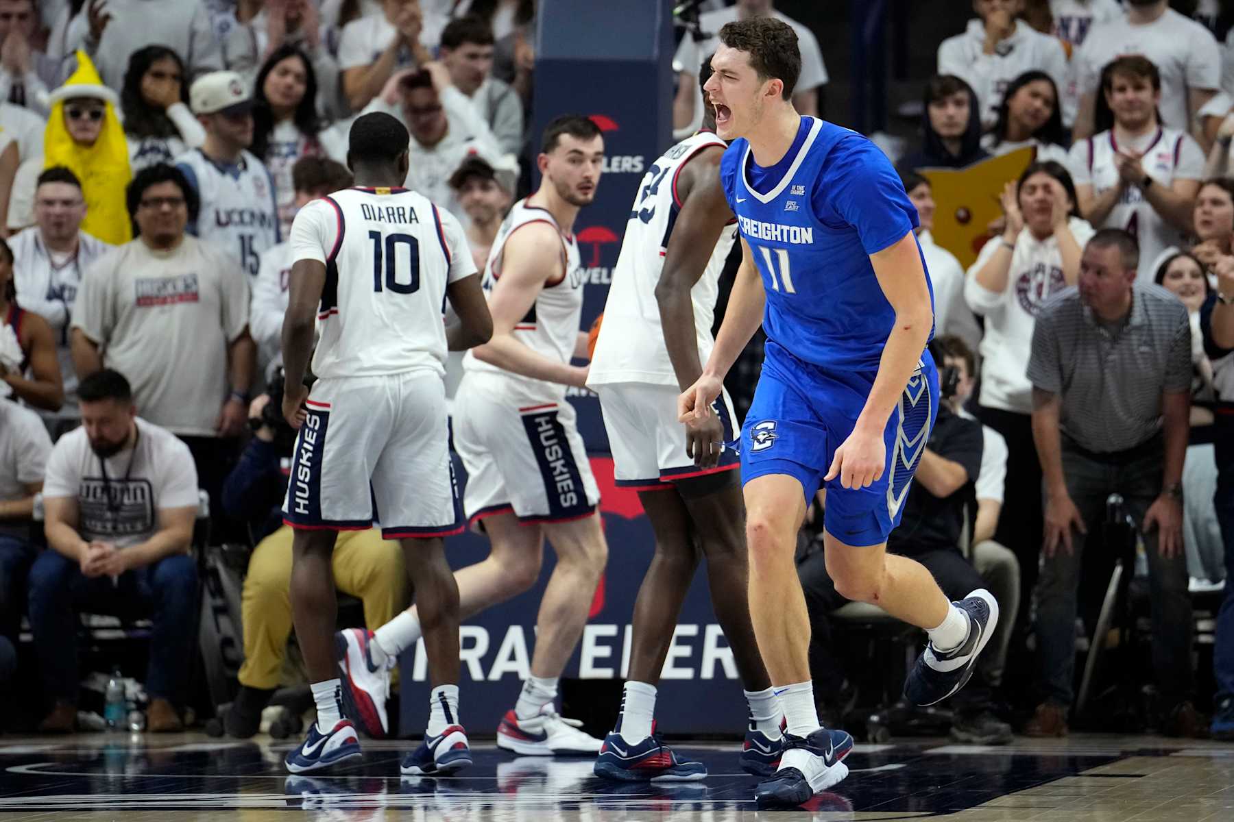 STORRS, CONNECTICUT - JANUARY 18: Ryan Kalkbrenner #11 of the Creighton Bluejays reacts after scoring against the Connecticut Huskies during the second half of an NCAA basketball game at the Harry A. Gampel Pavilion on January 18, 2025 in Storrs, Connecticut. The Bluejays defeated the Huskies 68-63. (Photo by Joe Buglewicz/Getty Images)