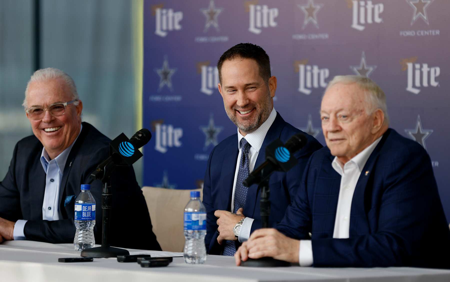 FRISCO, TEXAS - JANUARY 27: New head coach of the Dallas Cowboys Brian Schottenheimer smiles during at a press conference along side CEO and Executive Vice President Stephen Jones and team owner Jerry Jones at The Star in Frisco on January 27, 2025 in Frisco, Texas. (Photo by Ron Jenkins/Getty Images)