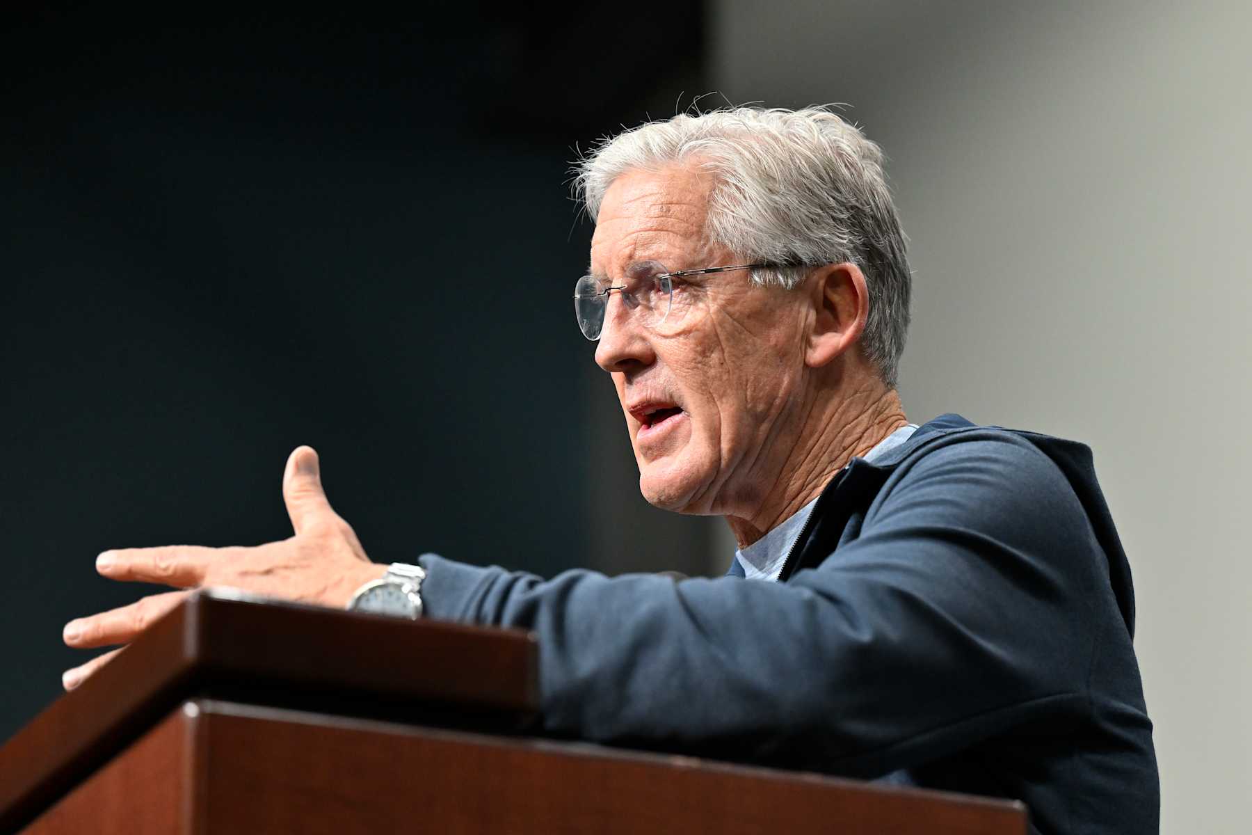 RENTON, WASHINGTON - JANUARY 10: Former Seattle Seahawks head coach Pete Carroll speaks at the Seattle Seahawks press conference at Virginia Mason Athletic Center on January 10, 2024 in Renton, Washington. (Photo by Alika Jenner/Getty Images)