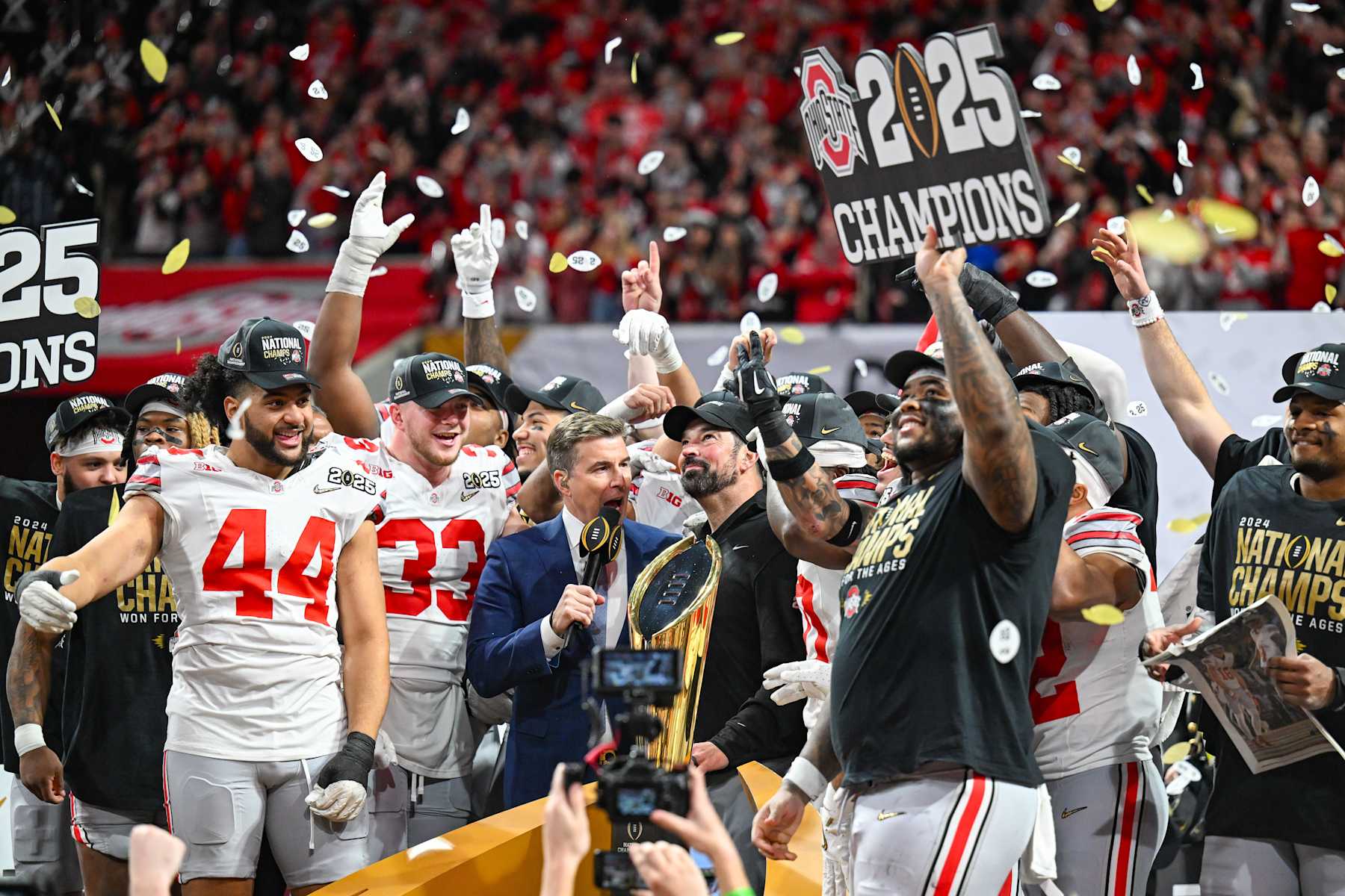 ATLANTA, GA  JANUARY 20:  ESPN's Rece Davis interviews Head Coach Ryan Day of the Ohio State Buckeyes following the conclusion of the the Ohio State Buckeyes versus Notre Dame Fighting Irish College Football Playoff National Championship game on January 20, 2025, at Mercedes-Benz Stadium in Atlanta, GA.  (Photo by Rich von Biberstein/Icon Sportswire via Getty Images)