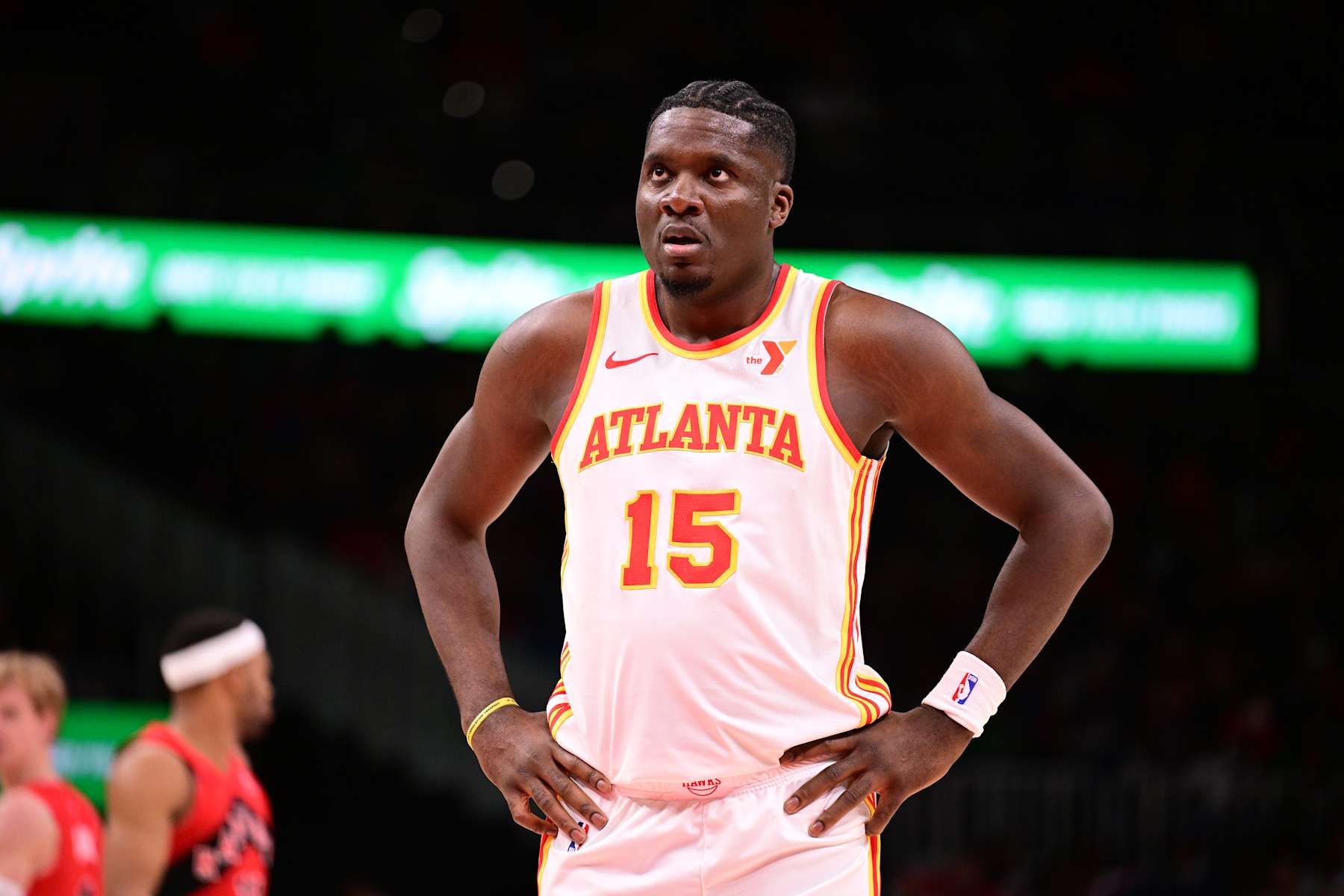 ATLANTA, GA - JANUARY 25: Clint Capela #15 of the Atlanta Hawks looks on during the game against the Toronto Raptors on January 25, 2025 at State Farm Arena in Atlanta, Georgia. NOTE TO USER: User expressly acknowledges and agrees that, by downloading and/or using this Photograph, user is consenting to the terms and conditions of the Getty Images License Agreement. Mandatory Copyright Notice: Copyright 2025 NBAE (Photo by Adam Hagy/NBAE via Getty Images)