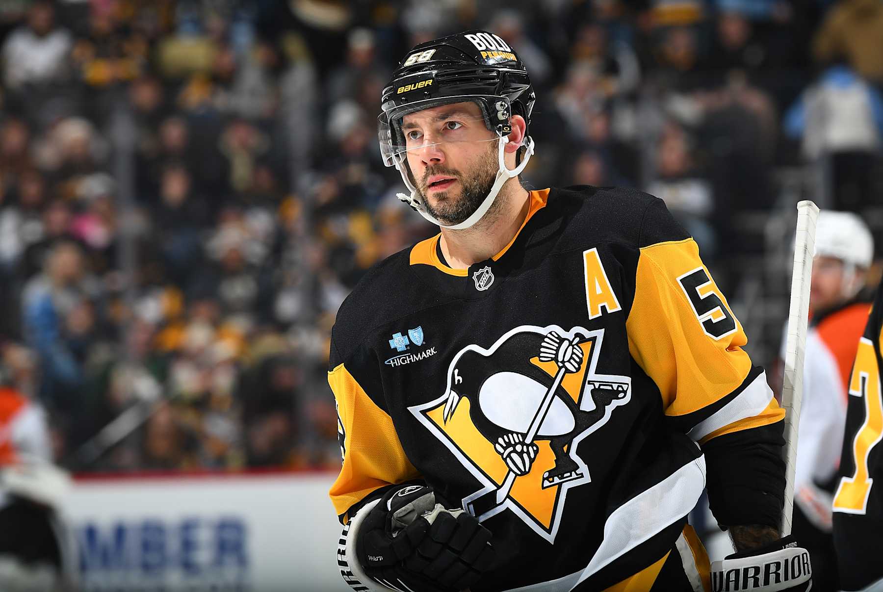 PITTSBURGH, PA - DECEMBER 23: Kris Letang #58 of the Pittsburgh Penguins skates during the game against the Philadelphia Flyers at PPG PAINTS Arena on December 23, 2024 in Pittsburgh, Pennsylvania. (Photo by Joe Sargent/NHLI via Getty Images)
