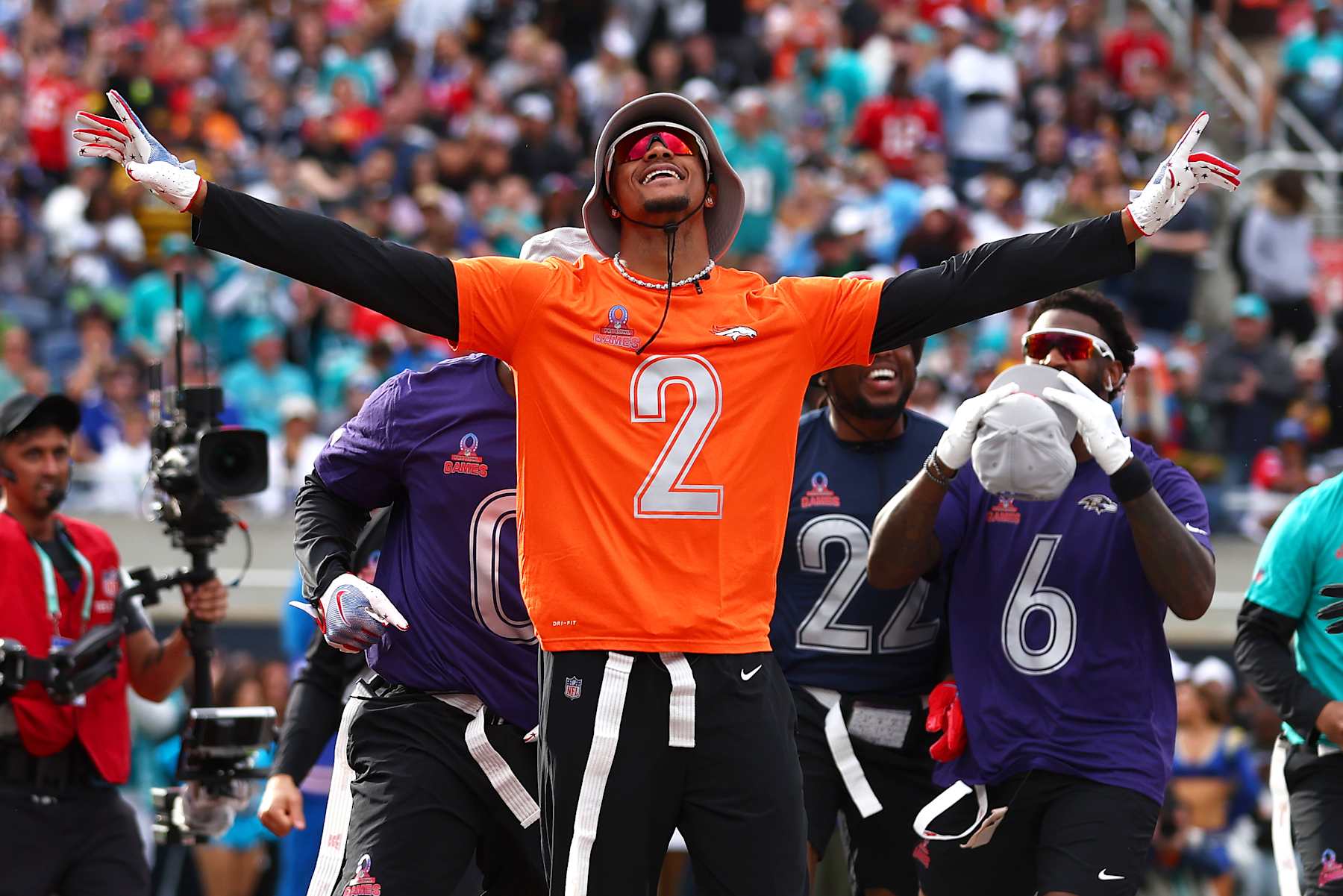 ORLANDO, FLORIDA - FEBRUARY 04: Pat Surtain II #2 of the Denver Broncos and AFC celebrates after returning an interception for a touchdown during the first half of the 2024 NFL Pro Bowl Games at Camping World Stadium on February 04, 2024 in Orlando, Florida. (Photo by Megan Briggs/Getty Images)