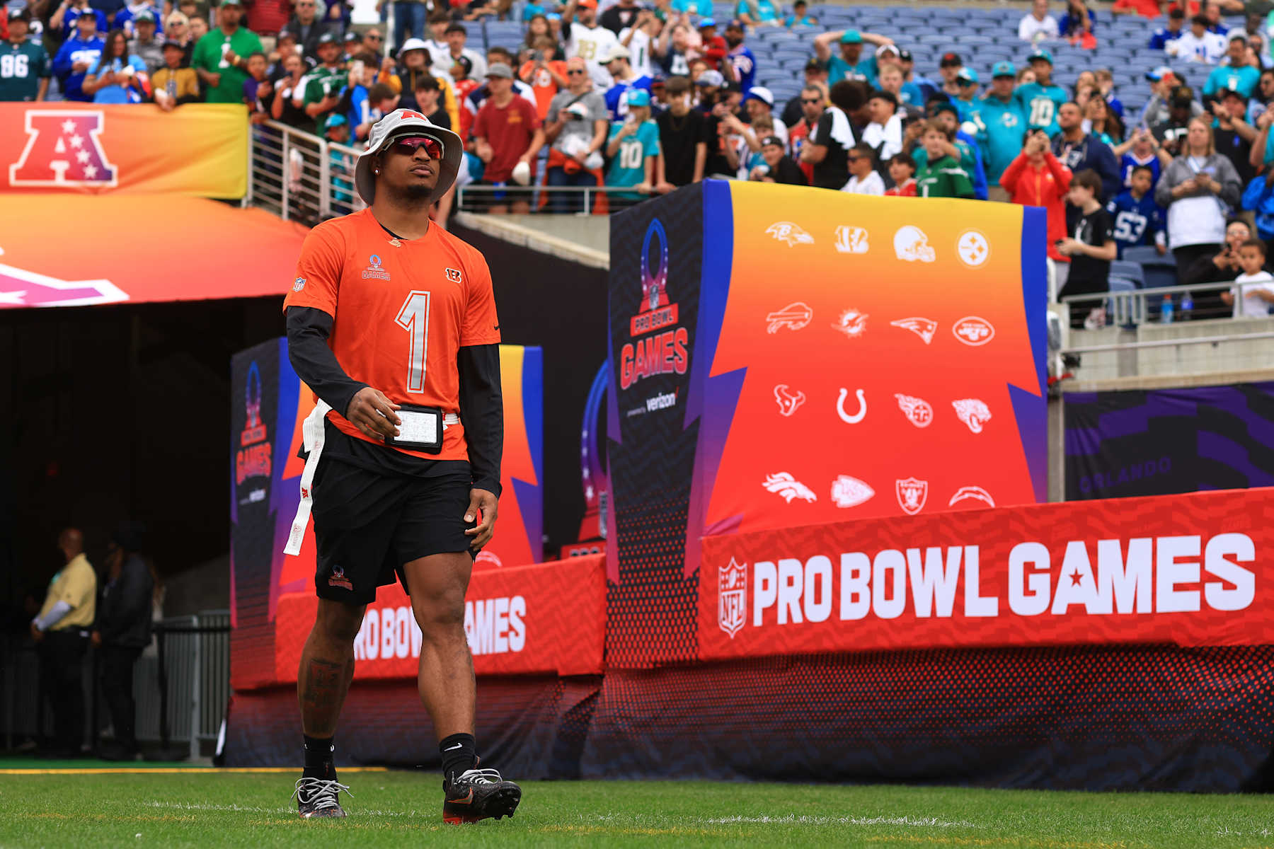 ORLANDO, FLORIDA - FEBRUARY 04: Ja’Marr Chase #1 of the Cincinnati Bengals walks onto the field prior to the 2024 NFL Pro Bowl Games at Camping World Stadium on February 04, 2024 in Orlando, Florida. (Photo by Mike Ehrmann/Getty Images)