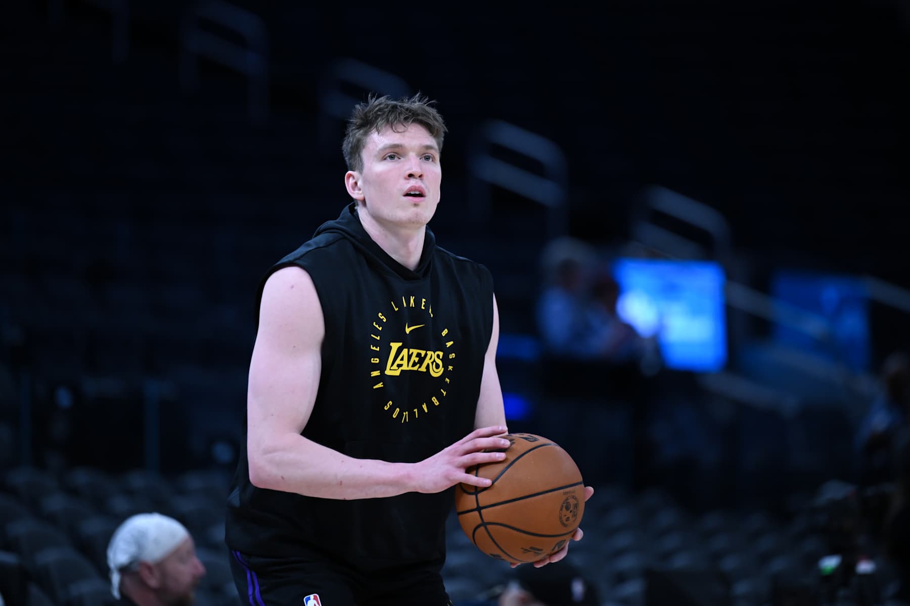 SAN FRANCISCO, CA - JANUARY 25: Dalton Knecht of Los Angeles Lakers warms up before the NBA game between Los Angeles Lakers and Golden State Warriors at Chase Center on January 25, 2025 in San Francisco, California, United States. (Photo by Tayfun Coskun/Anadolu via Getty Images)