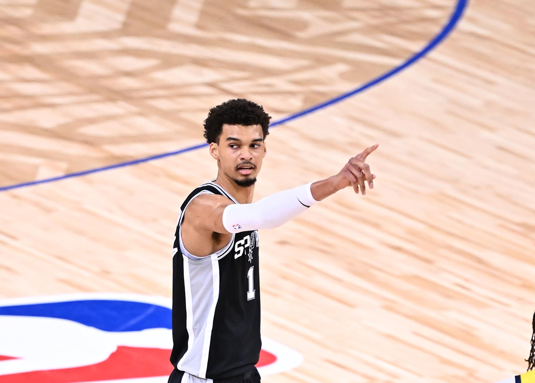 PARIS, FRANCE - JANUARY 25: Victor Wembanyama of San Antonio Spurs reacts during game between Indiana Pacers and San Antonio Spurs as part of the NBA Paris Games 2025 at Accor Arena in Paris, France on January 25, 2025. (Photo by Mustafa Yalcin/Anadolu via Getty Images)
