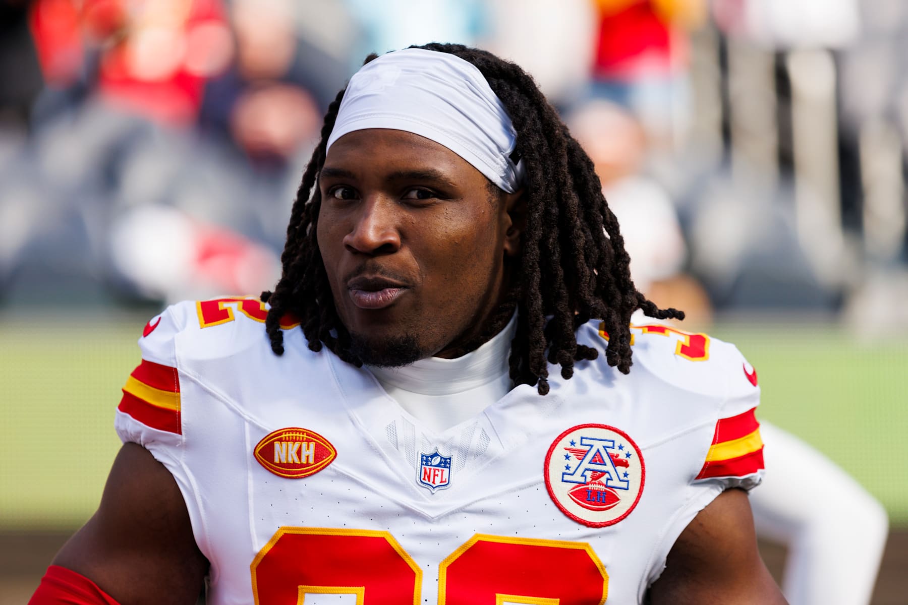 INGLEWOOD, CALIFORNIA - JANUARY 7: Nick Bolton #32 of the Kansas City Chiefs stretches during a game against the Los Angeles Chargers at SoFi Stadium on January 7, 2024 in Inglewood, California. (Photo by Ric Tapia/Getty Images)