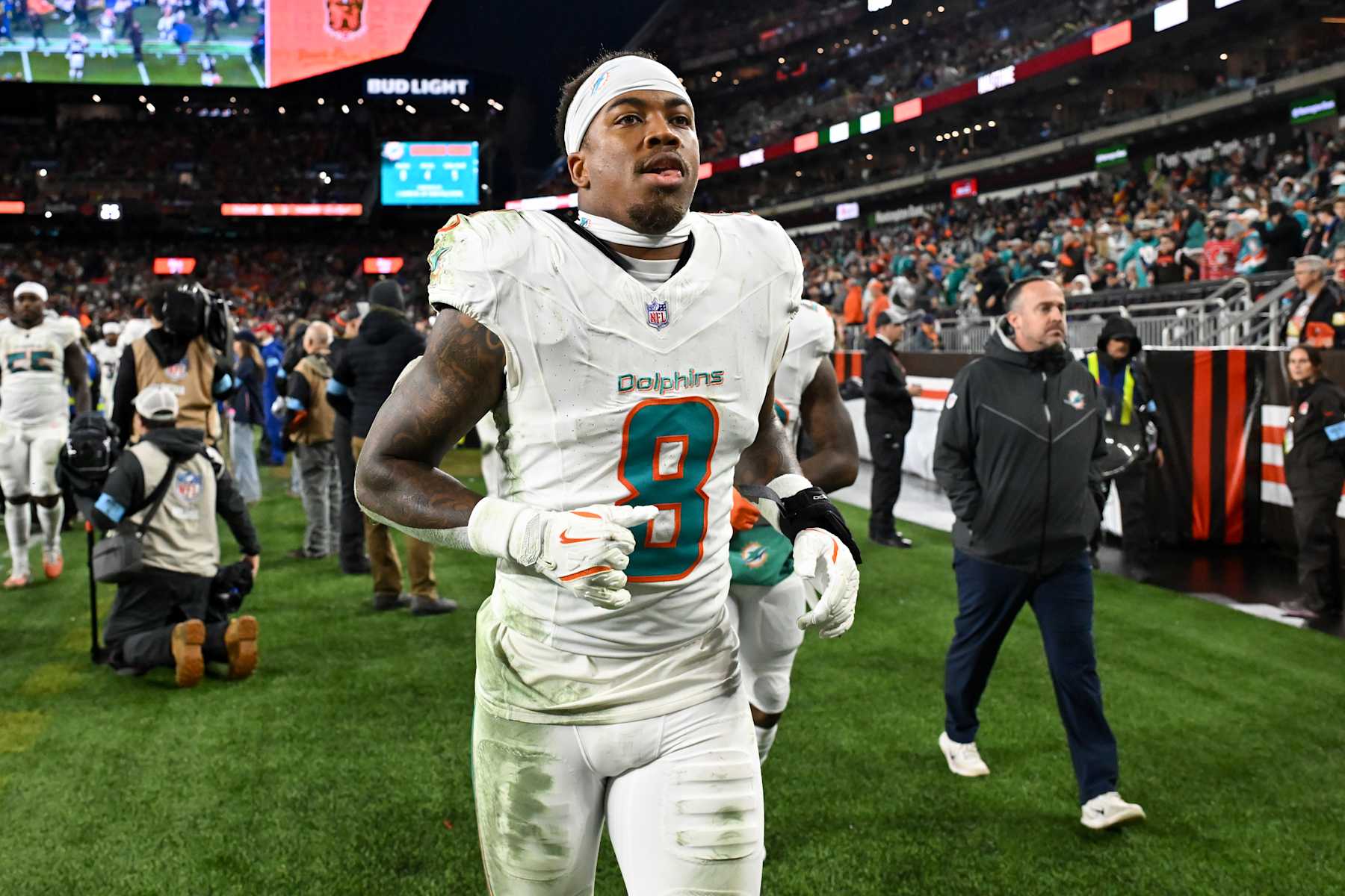CLEVELAND, OHIO - DECEMBER 29: Jevon Holland #8 of the Miami Dolphins runs off the field at halftime against the Cleveland Browns at Huntington Bank Field on December 29, 2024 in Cleveland, Ohio. (Photo by Nick Cammett/Diamond Images via Getty Images)