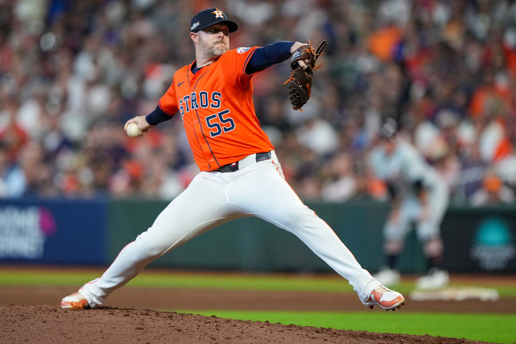 HOUSTON, TX - OCTOBER 02: Ryan Pressly #55 of the Houston Astros pitches during Game 2 of the Wild Card Series presented by T-Mobile 5G Home Internet between the Detroit Tigers and the Houston Astros at Minute Maid Park on Wednesday, October 2, 2024 in Houston, Texas. (Photo by Alex Bierens de Haan/MLB Photos via Getty Images)
