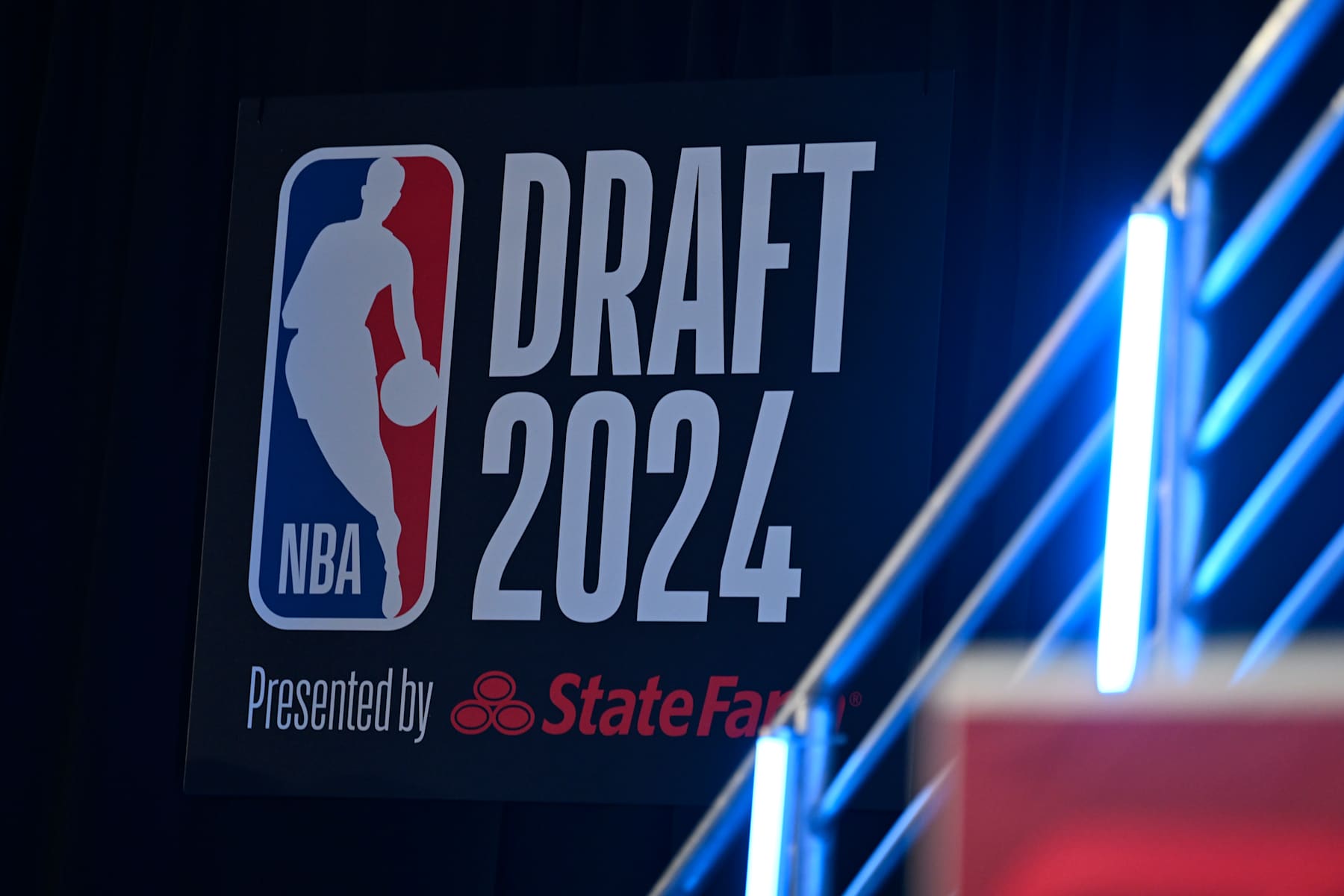BROOKLYN, NY - JUNE 26: The 2024 NBA Draft logo during the 2024 NBA Draft - Round One on June 26, 2024 at Barclays Center in Brooklyn, New York. NOTE TO USER: User expressly acknowledges and agrees that, by downloading and or using this photograph, User is consenting to the terms and conditions of the Getty Images License Agreement. Mandatory Copyright Notice: Copyright 2024 NBAE (Photo by Kostas Lymperopoulos/NBAE via Getty Images)