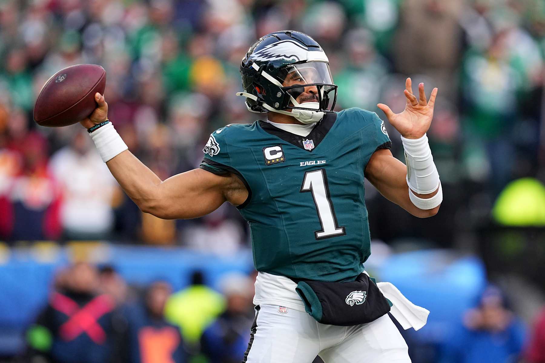 PHILADELPHIA, PENNSYLVANIA - JANUARY 26: Jalen Hurts #1 of the Philadelphia Eagles throws a pass against the Washington Commanders during the second quarter in the NFC Championship Game at Lincoln Financial Field on January 26, 2025 in Philadelphia, Pennsylvania. (Photo by Mitchell Leff/Getty Images)