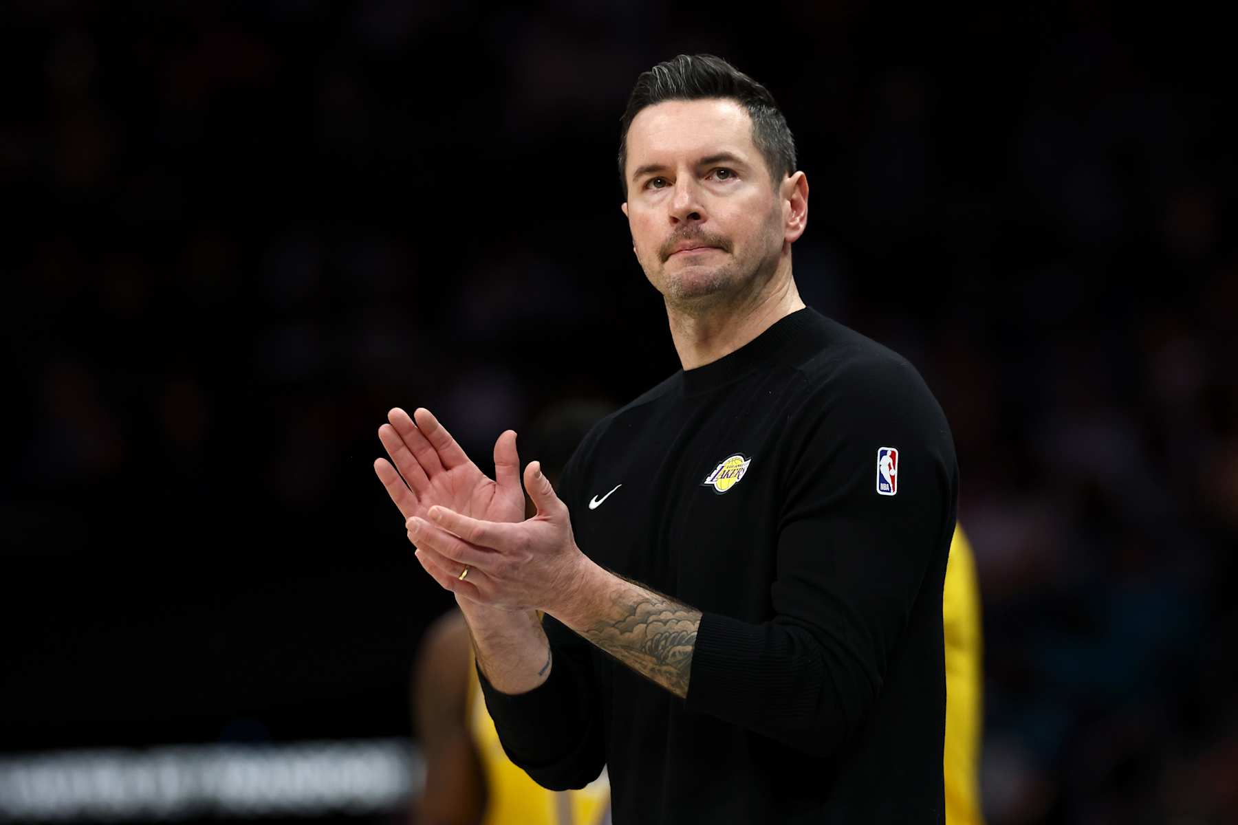 CHARLOTTE, NORTH CAROLINA - JANUARY 27: Head coach JJ Redick of the Los Angeles Lakers reacts during the first half of the game against the Charlotte Hornets at Spectrum Center on January 27, 2025 in Charlotte, North Carolina. NOTE TO USER: User expressly acknowledges and agrees that, by downloading and or using this photograph, User is consenting to the terms and conditions of the Getty Images License Agreement. (Photo by Jared C. Tilton/Getty Images)