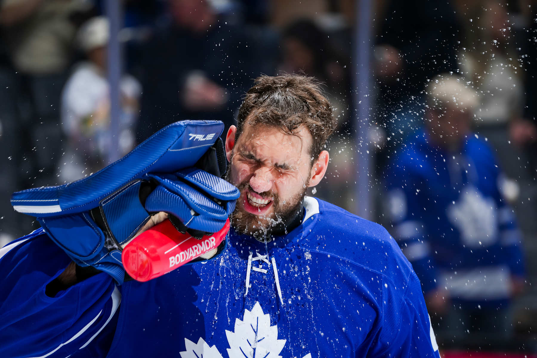 TORONTO, ON - DECEMBER 12: Anthony Stolarz #41 of the Toronto Maple Leafs sprays some water during the first period against the Anaheim Ducks at the Scotiabank Arena on December 12, 2024 in Toronto, Ontario, Canada. (Photo by Kevin Sousa/NHLI via Getty Images)