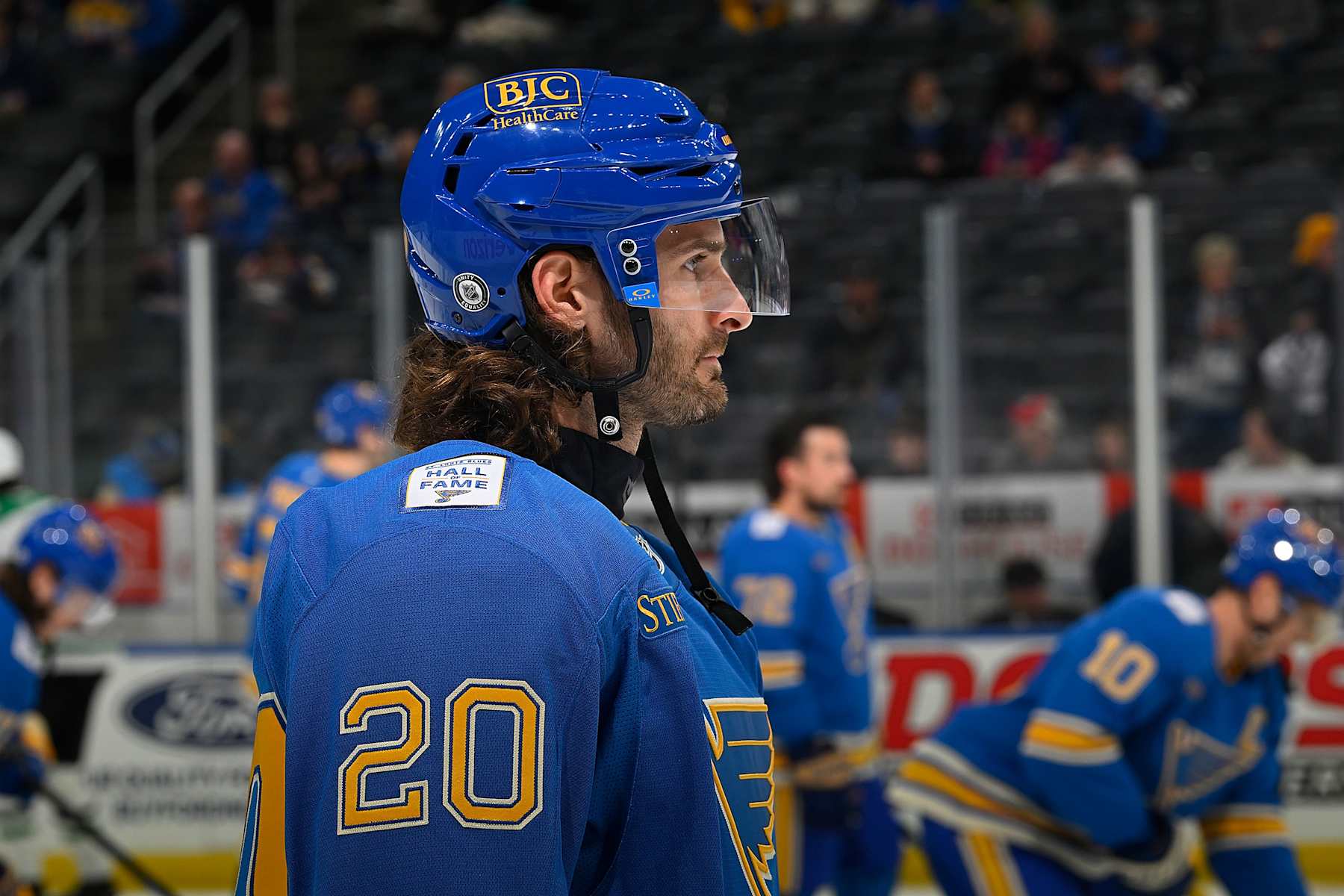 ST. LOUIS, MO - JANUARY 25: Brandon Saad #20 of the St. Louis Blues during warmups against the Dallas Stars on January 25, 2025 at the Enterprise Center in St. Louis, Missouri. (Photo by Scott Rovak/NHLI via Getty Images)