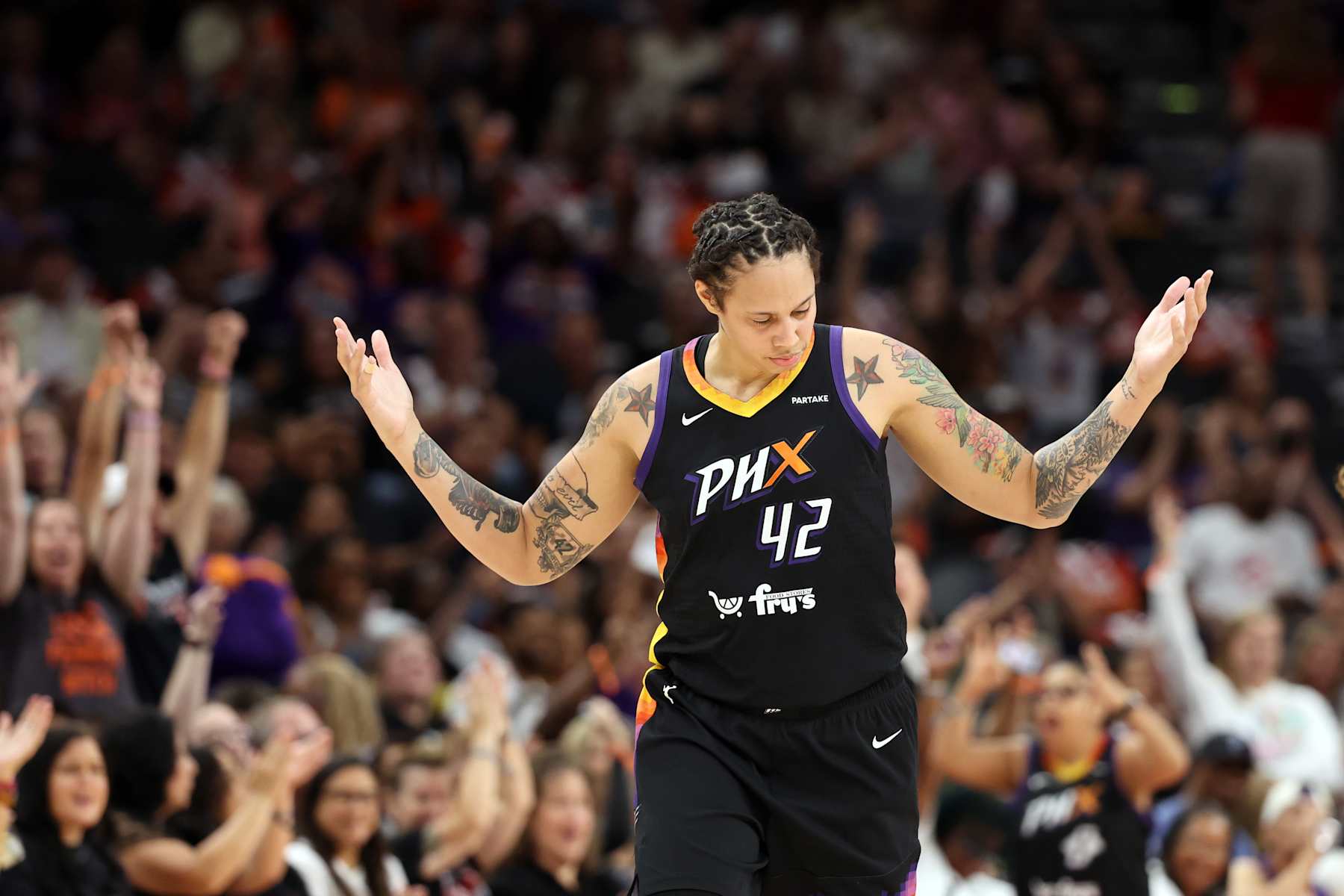 PHOENIX, ARIZONA - SEPTEMBER 13: Brittney Griner #42 of the Phoenix Mercury reacts after hitting a three point shot during the game against the Connecticut Sun at Footprint Center on September 13, 2024 in Phoenix, Arizona. The Sun defeated the Mercury 88-69. NOTE TO USER: User expressly acknowledges and agrees that, by downloading and or using this photograph, User is consenting to the terms and conditions of the Getty Images License Agreement. (Photo by Chris Coduto/Getty Images)