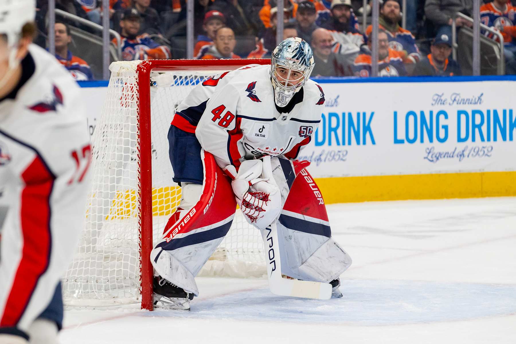 EDMONTON, AB - JANUARY 21 Washington Capitals Goalie Logan Thompson (48) resets in the first period of the Edmonton Oilers game versus the Washington Capitals on January 21, 2025 at Rogers Place in Edmonton, AB. (Photo by Curtis Comeau/Icon Sportswire via Getty Images)