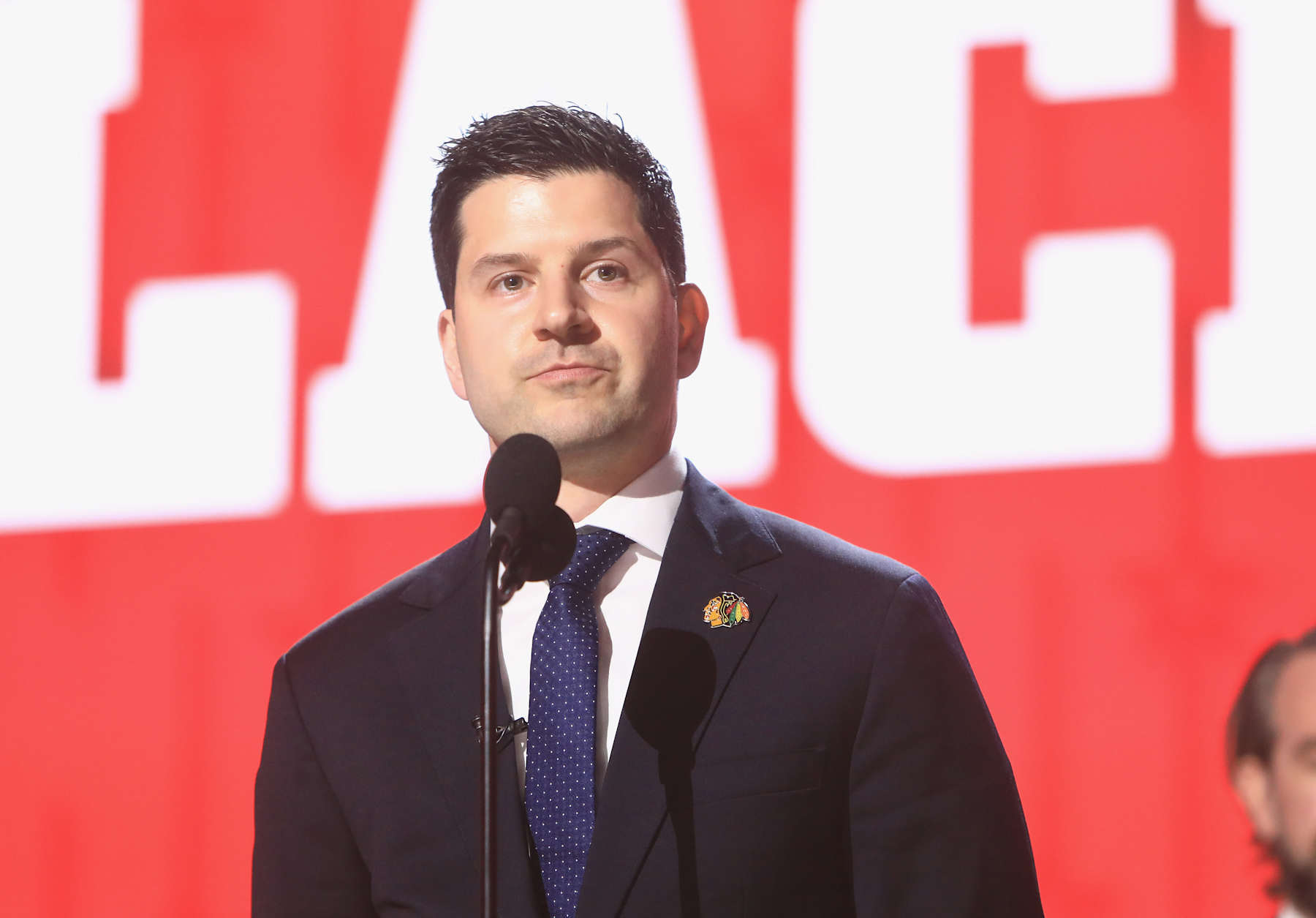 NASHVILLE, TN - JUNE 28: Chicago Blackhawks General Manager Kyle Davidson is shown during the first round of the 2023 Upper Deck NHL Draft, held on June 28, 2023, at Bridgestone Arena in Nashville, Tennessee. (Photo by Danny Murphy/Icon Sportswire via Getty Images)