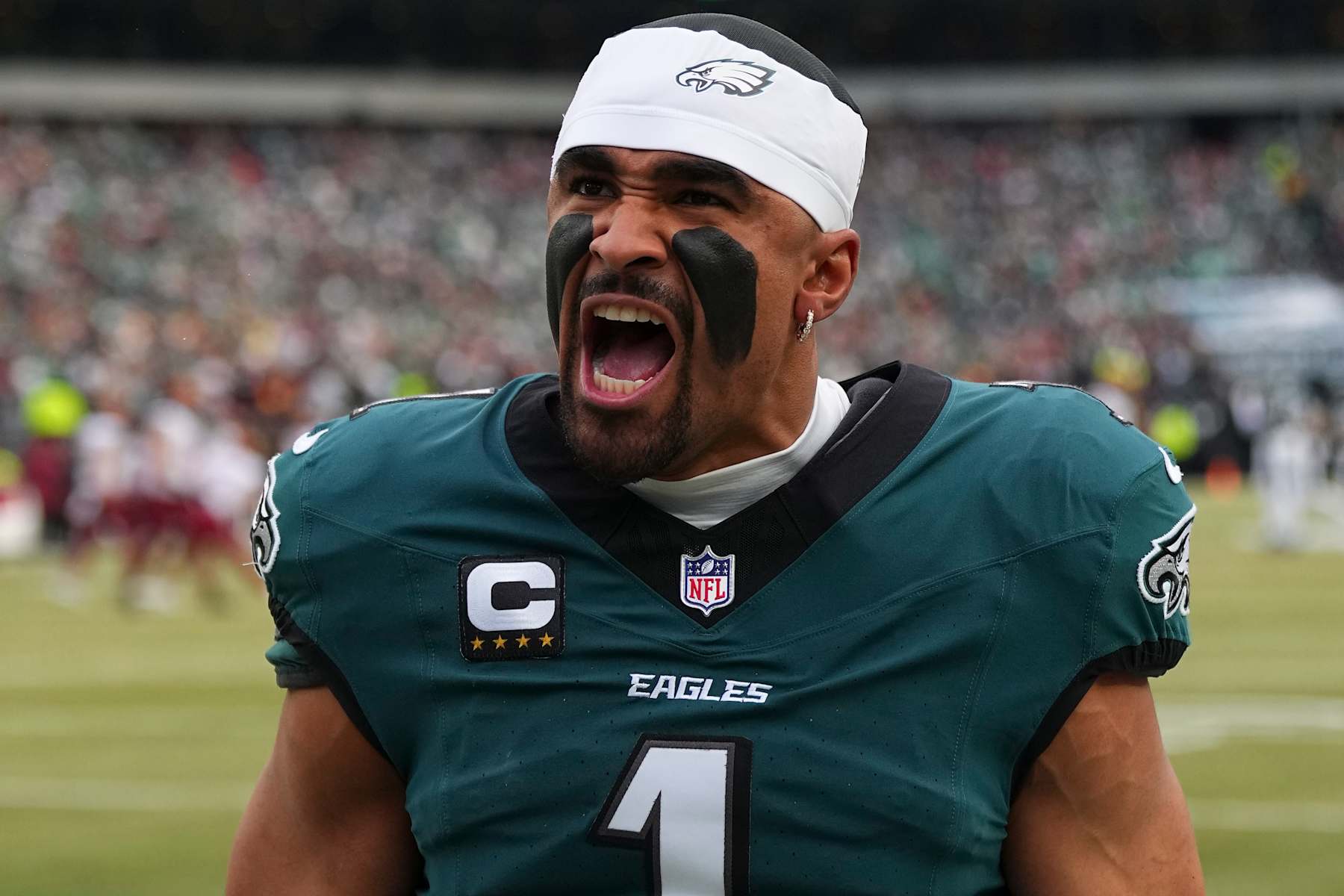PHILADELPHIA, PENNSYLVANIA - JANUARY 26: Jalen Hurts #1 of the Philadelphia Eagles reacts in the end zone prior to the NFC Championship Game against the Washington Commanders at Lincoln Financial Field on January 26, 2025 in Philadelphia, Pennsylvania. (Photo by Mitchell Leff/Getty Images)