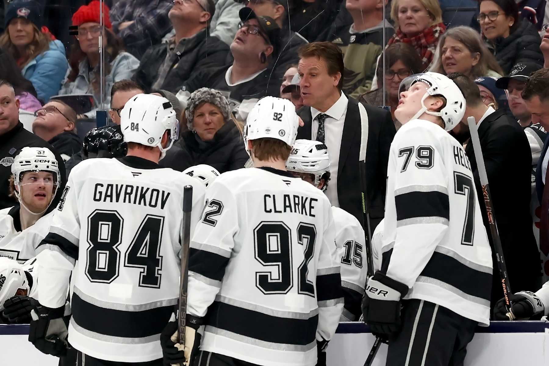 COLUMBUS, OHIO - JANUARY 25: Head coach Jim Hiller of the Los Angeles Kings talks with his players during the game against the Columbus Blue Jackets at Nationwide Arena on January 25, 2025 in Columbus, Ohio. Columbus defeated Los Angeles 3-2 in overtime. (Photo by Kirk Irwin/NHLI via Getty Images)