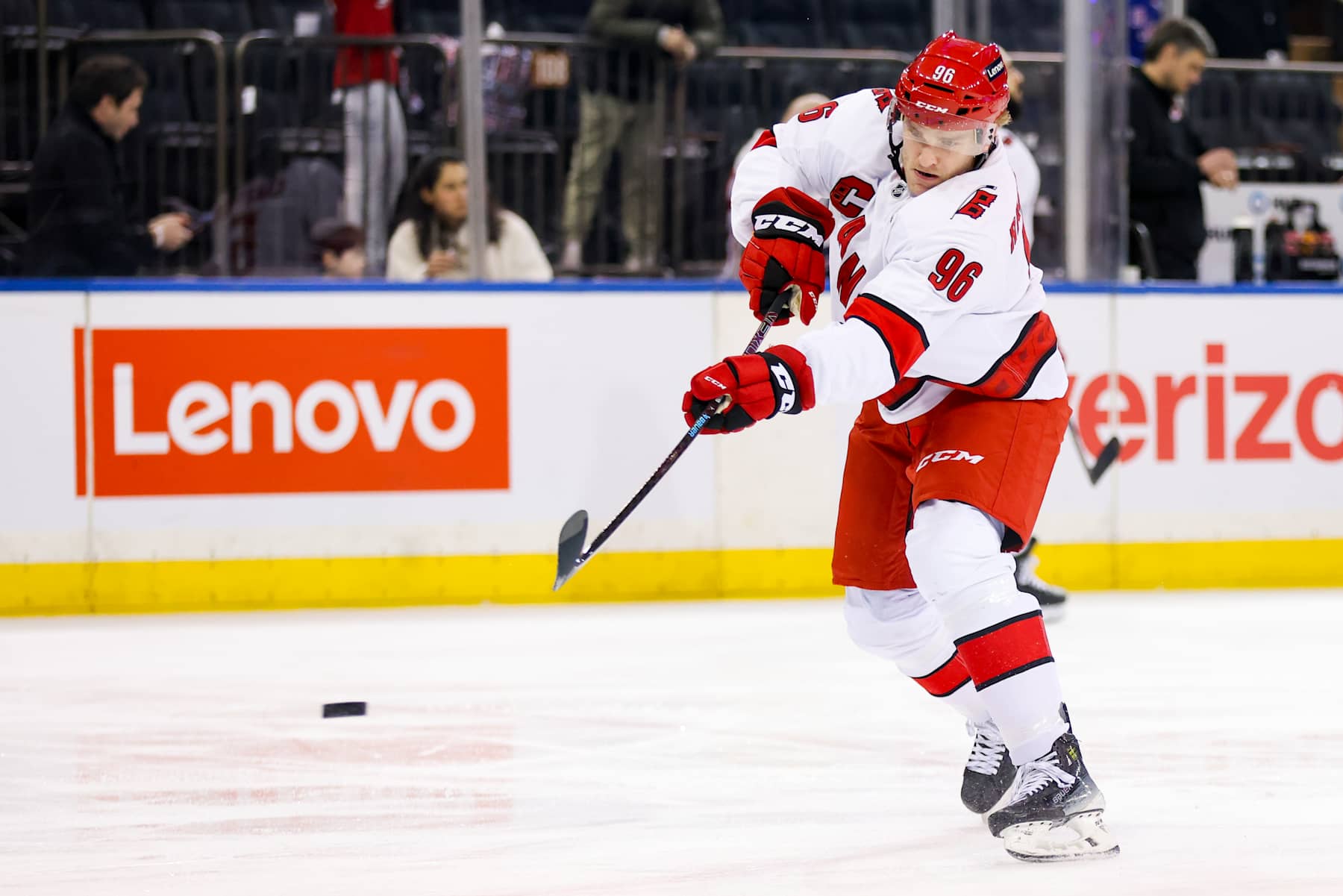 NEW YORK, NY - JANUARY 28: Carolina Hurricanes Right Wing Mikko Rantanen (96) in action prior to the National Hockey League game between the Carolina Hurricanes and the New York Rangers on January 28, 2025 at Madison Square Garden in New York, NY. (Photo by Joshua Sarner/Icon Sportswire via Getty Images)