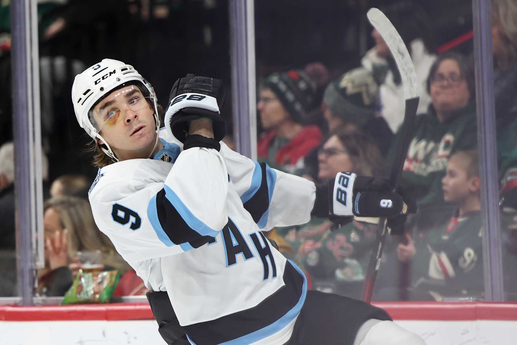ST PAUL, MINNESOTA - JANUARY 23: Clayton Keller #9 of the Utah Hockey Club celebrates after scoring a goal in the first period of a game against the Minnesota Wild at Xcel Energy Center on January 23, 2025 in St Paul, Minnesota. (Photo by Ellen Schmidt/Getty Images)
