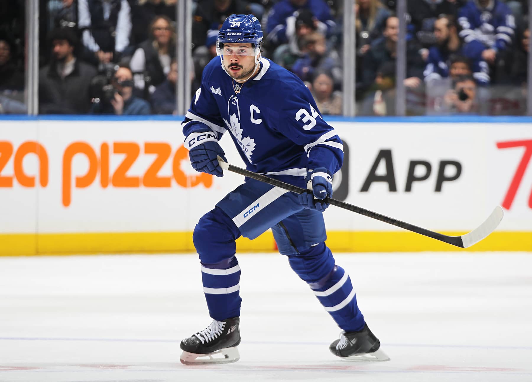 TORONTO, CANADA - JANUARY 20: Auston Matthews #34 of the Toronto Maple Leafs skates against the Tampa Bay Lightning during the first period in an NHL game at Scotiabank Arena on January 20, 2025 in Toronto, Ontario, Canada. (Photo by Claus Andersen/Getty Images)