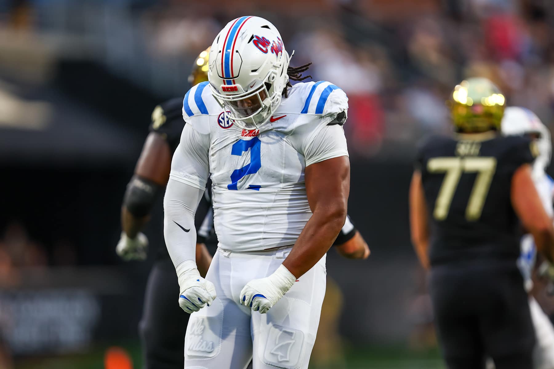 WINSTON-SALEM, NORTH CAROLINA - SEPTEMBER 14: Walter Nolen #2 of the Mississippi Rebels reacts after making a tackle during the first half of a football game against the Wake Forest Demon Deacons at Allegacy Federal Credit Union Stadium on September 14, 2024 in Winston-Salem, North Carolina. (Photo by David Jensen/Getty Images)
