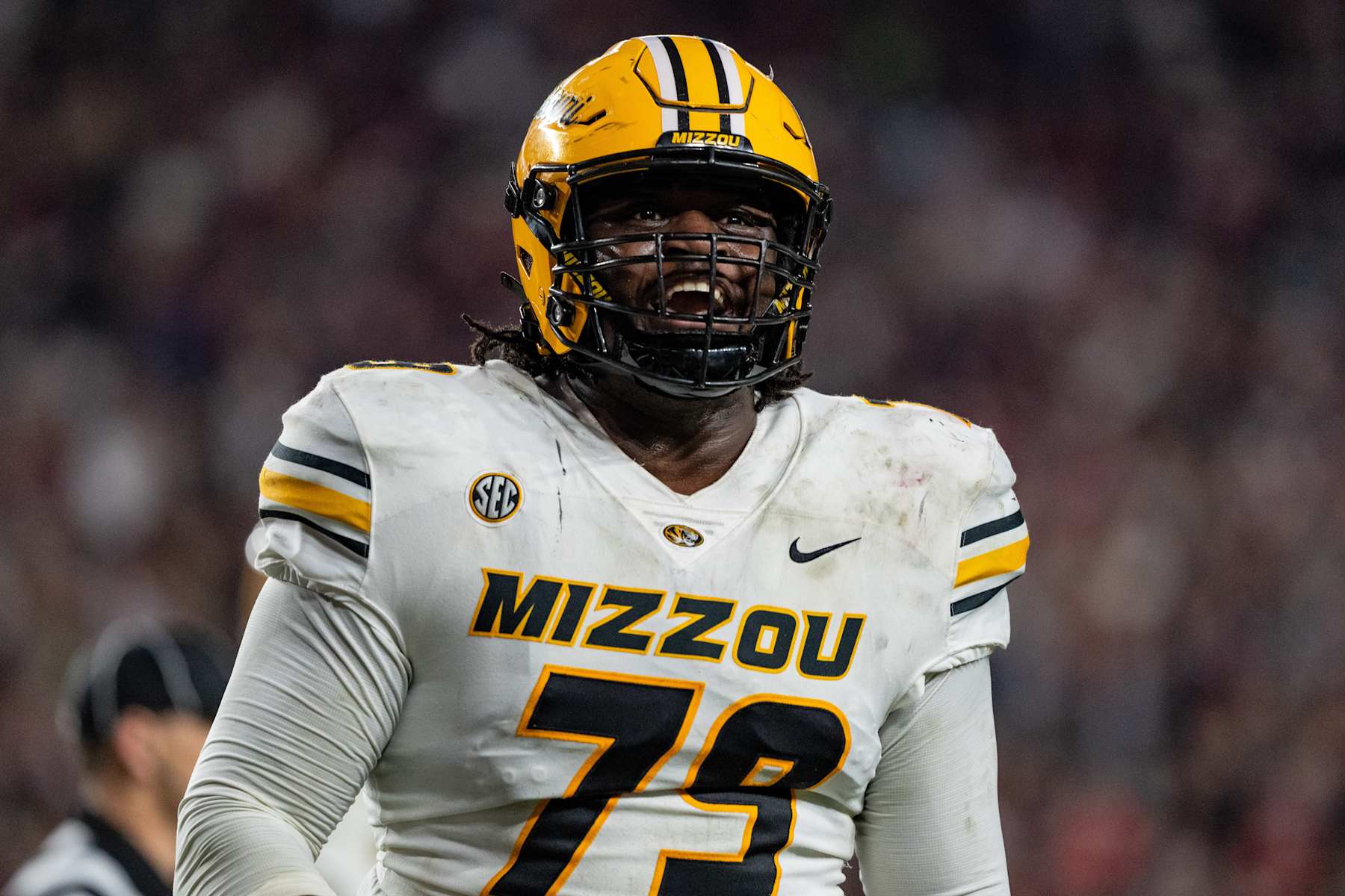 COLUMBIA, SOUTH CAROLINA - NOVEMBER 16: Armand Membou #79 of the Missouri Tigers looks on during their game against the South Carolina Gamecocks at Williams-Brice Stadium on November 16, 2024 in Columbia, South Carolina. (Photo by Jacob Kupferman/Getty Images)