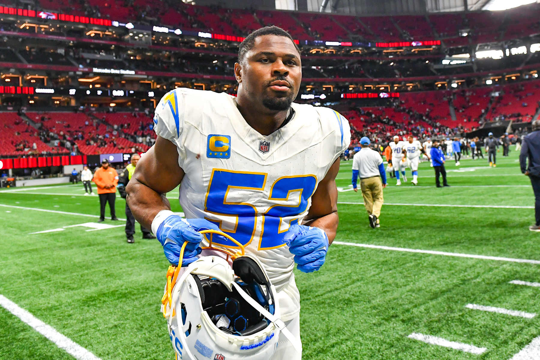 ATLANTA, GA  DECEMBER 01:  Los Angeles linebacker Khalil Mack (52) reacts following the conclusion of the NFL game between the Los Angeles Chargers and the Atlanta Falcons on December 1st, 2024 at Mercedes-Benz Stadium in Atlanta, GA.  (Photo by Rich von Biberstein/Icon Sportswire via Getty Images)
