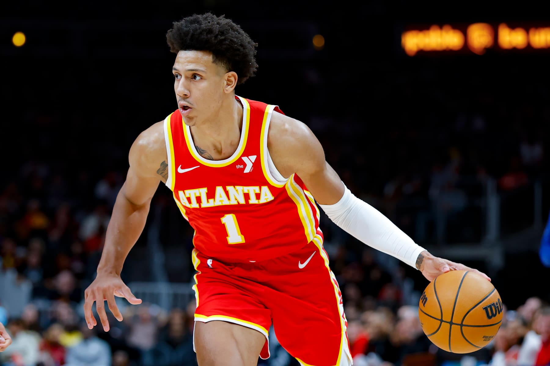 ATLANTA, GEORGIA - JANUARY 22: Jalen Johnson #1 of the Atlanta Hawks drives to the basket during the third quarter against the Detroit Pistons at State Farm Arena on January 22, 2025 in Atlanta, Georgia. NOTE TO USER: User expressly acknowledges and agrees that, by downloading and or using this photograph, User is consenting to the terms and conditions of the Getty Images License Agreement. (Photo by Todd Kirkland/Getty Images)