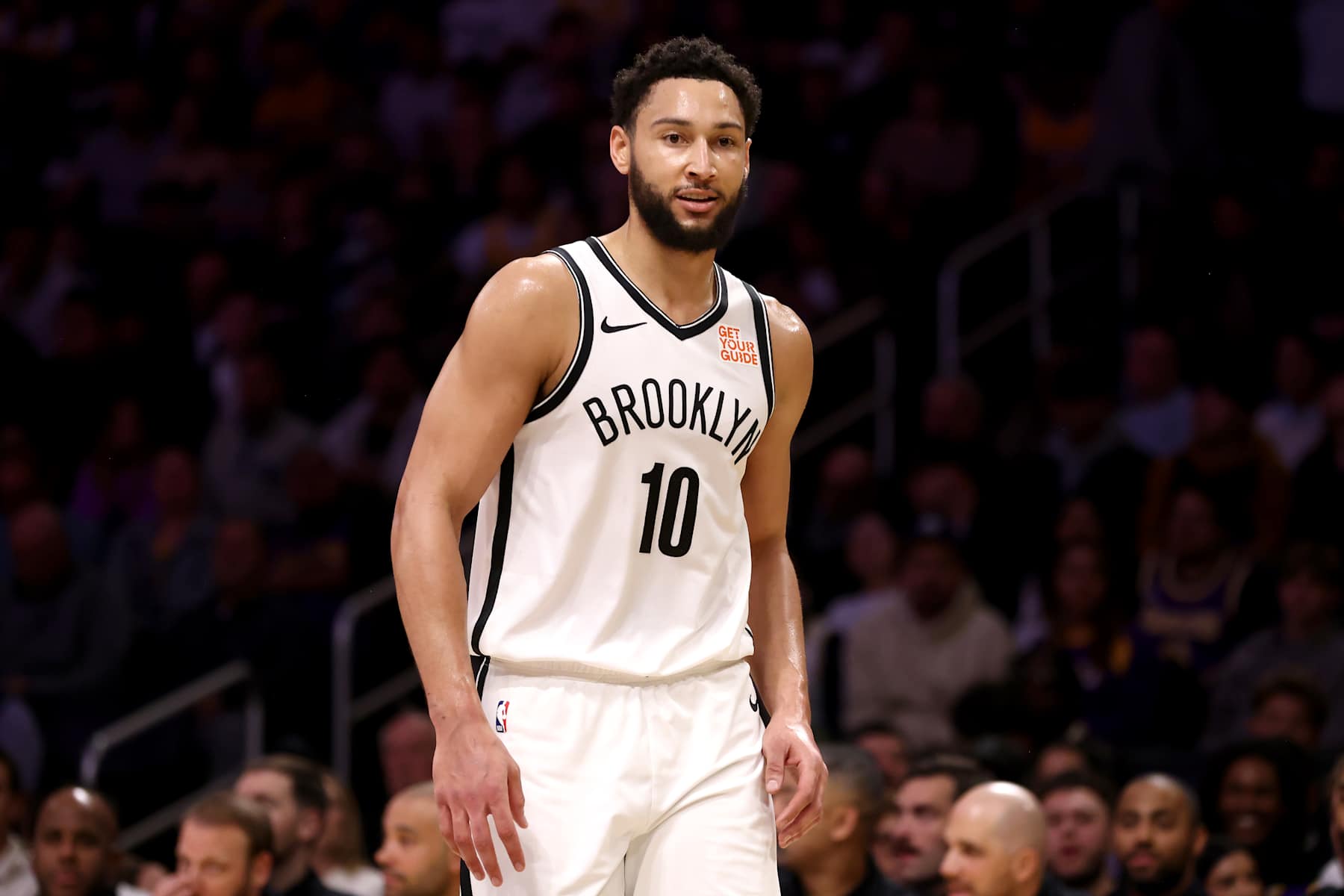 LOS ANGELES, CALIFORNIA - JANUARY 17: Ben Simmons #10 of the Brooklyn Nets looks on during the first quarter against the Los Angeles Lakers at Crypto.com Arena on January 17, 2025 in Los Angeles, California. NOTE TO USER: User expressly acknowledges and agrees that, by downloading and/or using this Photograph, user is consenting to the terms and conditions of the Getty Images License Agreement. (Photo by Katelyn Mulcahy/Getty Images)