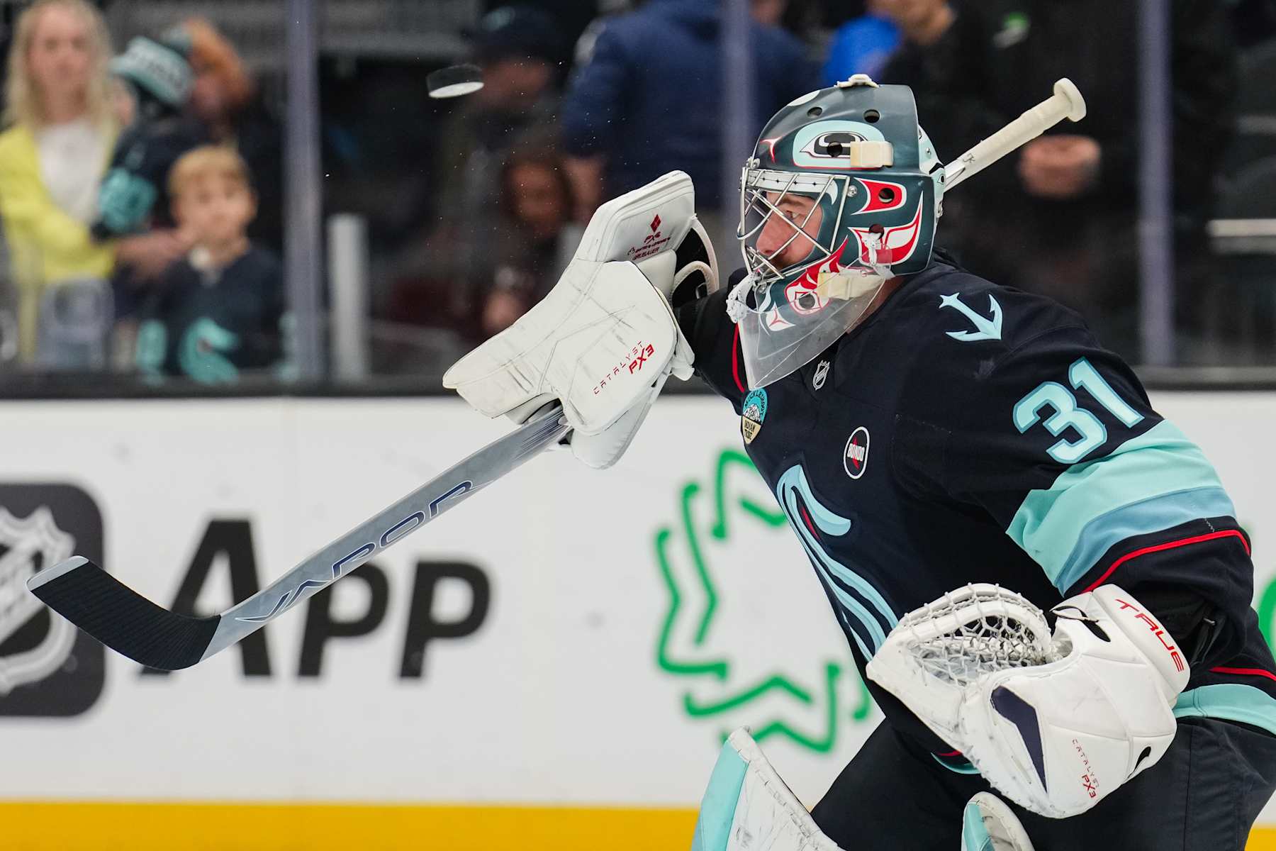 SEATTLE, WASHINGTON - JANUARY 28: Philipp Grubauer #31 of the Seattle Kraken warms up ahead of a game against the Anaheim Ducks at Climate Pledge Arena on January 28, 2025 in Seattle, Washington. (Photo by Christopher Mast/NHLI via Getty Images)