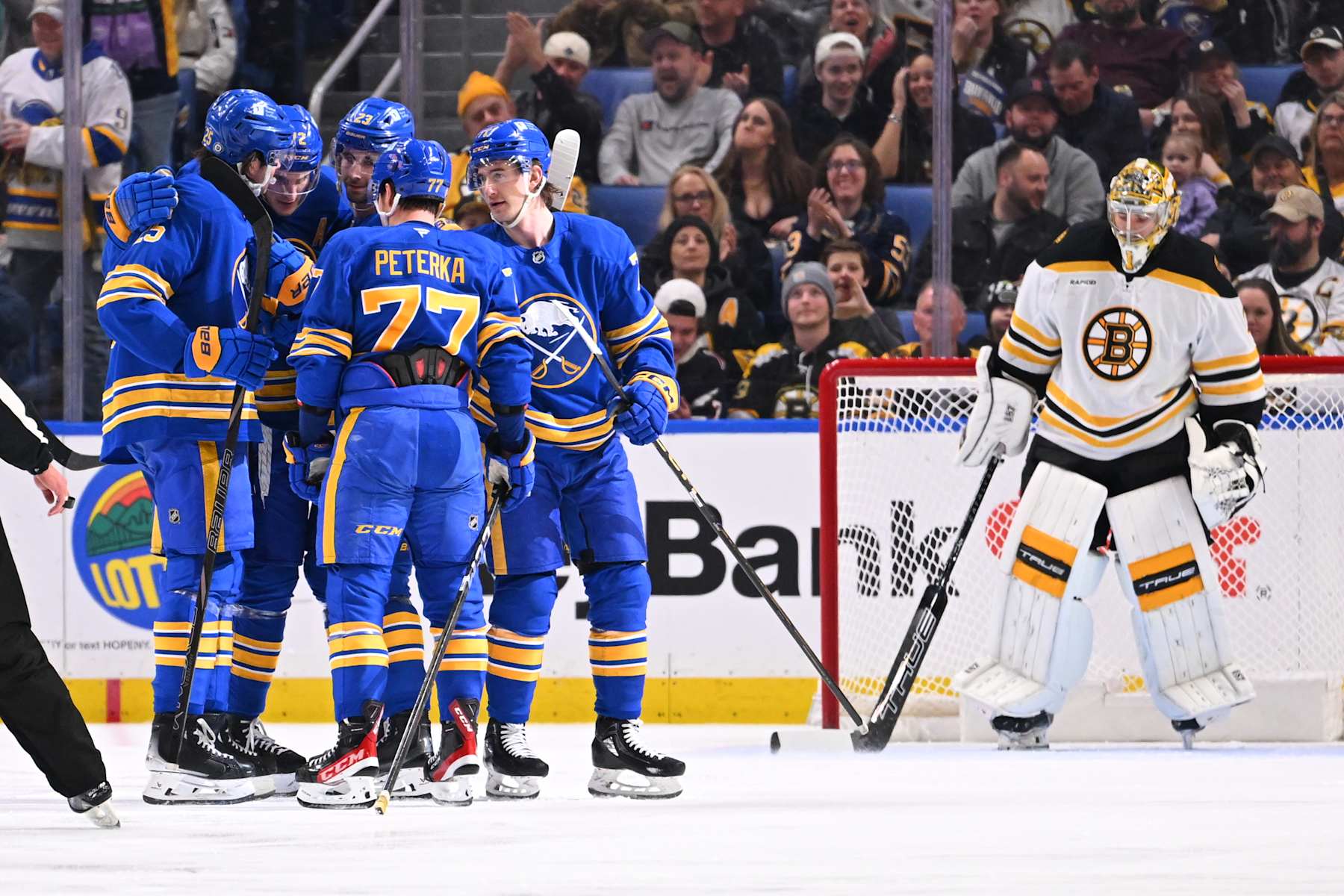 BUFFALO, NY - JANUARY 28: Tage Thompson #72 of the Buffalo Sabres celebrates his second period goal with teammates after scoring against Jeremy Swayman #1 of the Boston Bruins during an NHL game on January 28, 2025 at KeyBank Center in Buffalo, New York. (Photo by Joe Hrycych/Getty Images)