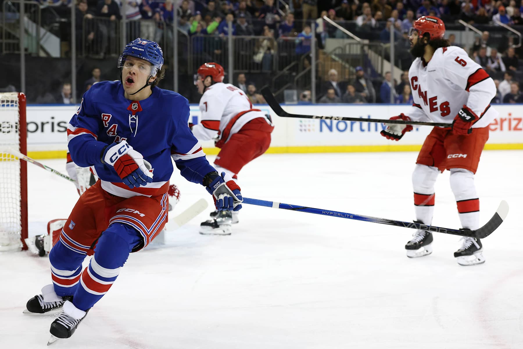 NEW YORK, NEW YORK - JANUARY 28: Artemi Panarin #10 of the New York Rangers reacts after a shot on goal is saved by Frederik Andersen #31 of the Carolina Hurricanes (not pictured) during the second period at Madison Square Garden on January 28, 2025 in New York City. (Photo by Sarah Stier/Getty Images)