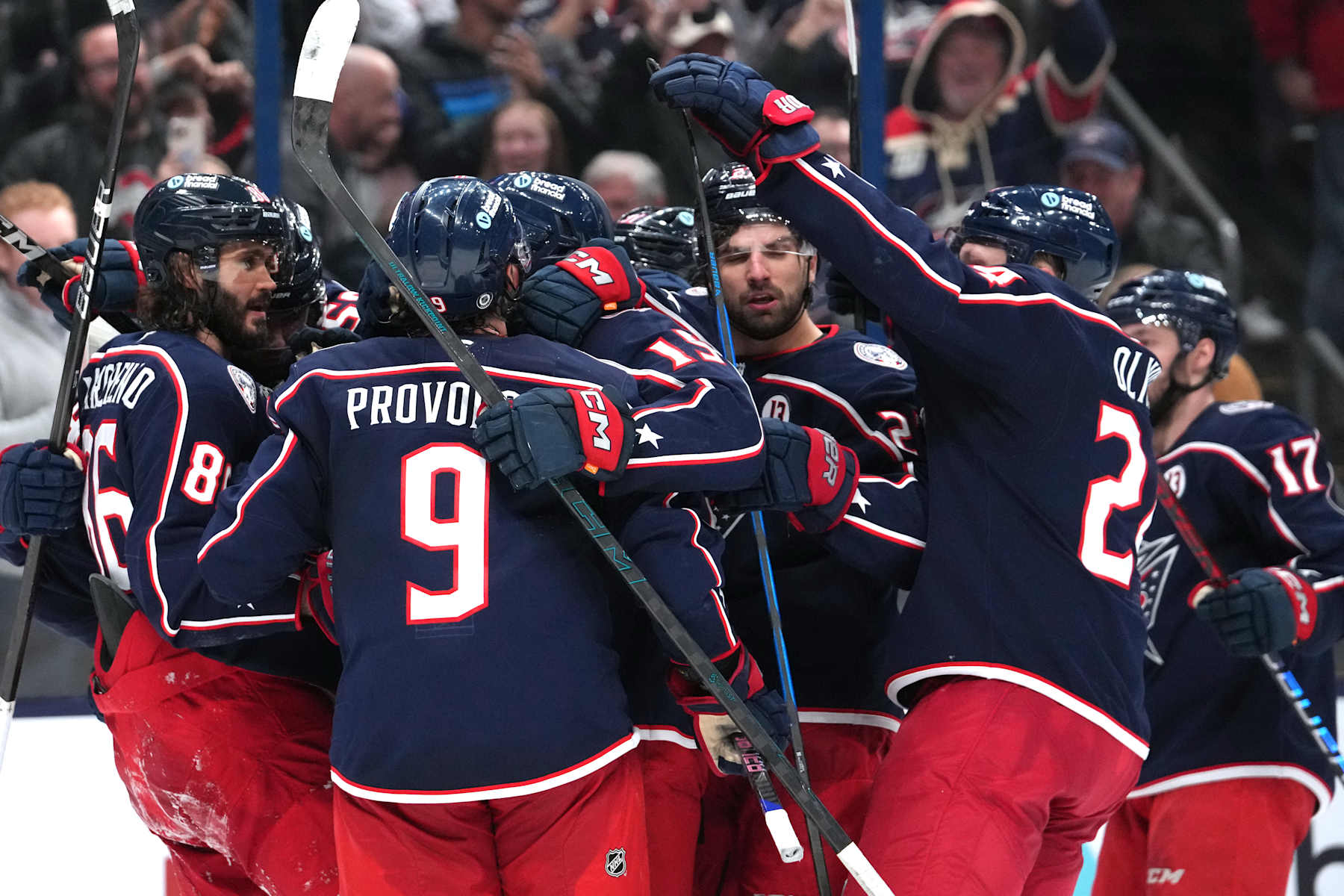 COLUMBUS, OHIO - JANUARY 25: Columbus Blue Jackets celebrate a overtime win against against the Los Angeles Kings at Nationwide Arena on January 25, 2025 in Columbus, Ohio. (Photo by Jason Mowry/Getty Images)