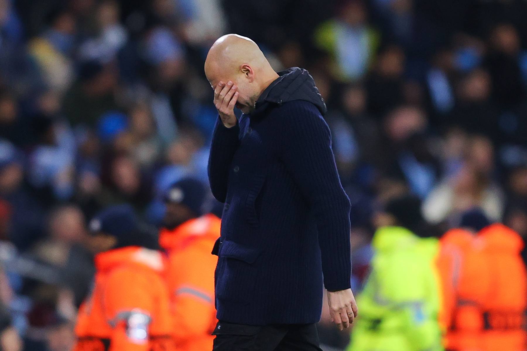 MANCHESTER, ENGLAND - JANUARY 29: Josep 'Pep' Guardiola, manager of Manchester City, reacts after Club Brugge score first goal during the UEFA Champions League 2024/25 League Phase MD8 match between Manchester City and Club Brugge KV at City of Manchester Stadium on January 29, 2025 in Manchester, England. (Photo by James Gill - Danehouse/Getty Images)