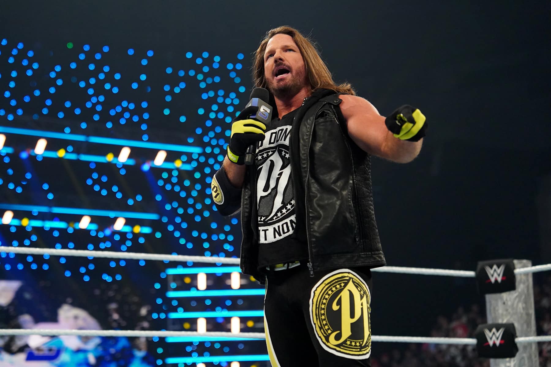 NASHVILLE, TENNESSEE - OCTOBER 4: AJ Styles on the microphone during WWE SmackDown at Bridgestone Arena on October 4, 2024 in Nashville, Tennessee. (Photo by WWE/Getty Images)
