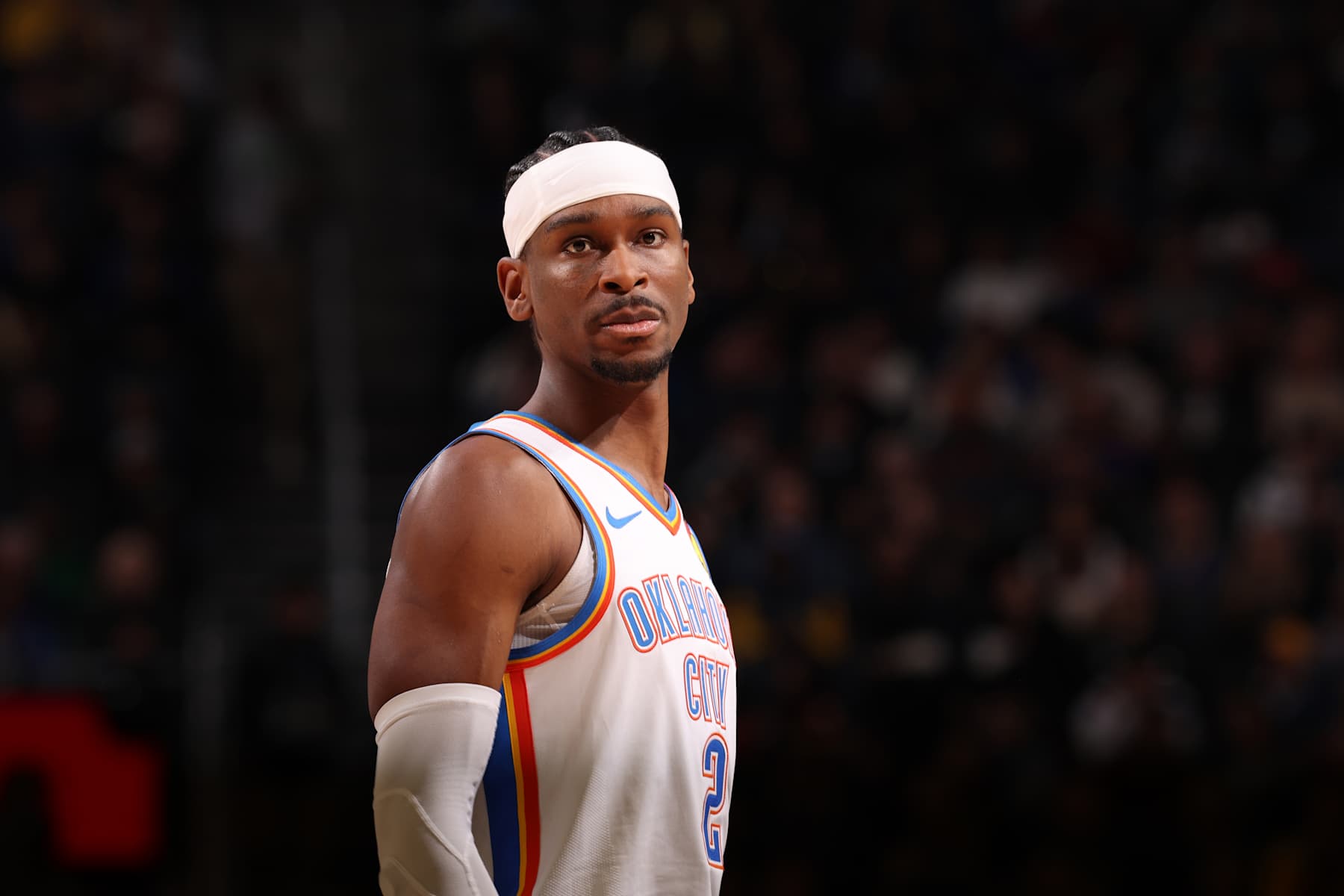 SAN FRANCISCO, CA - JANUARY 29: Shai Gilgeous-Alexander #2 of the Oklahoma City Thunder looks on during the game against the Golden State Warriors on January 29, 2025 at Chase Center in San Francisco, California. NOTE TO USER: User expressly acknowledges and agrees that, by downloading and or using this photograph, user is consenting to the terms and conditions of Getty Images License Agreement. Mandatory Copyright Notice: Copyright 2025 NBAE (Photo by Jed Jacobsohn/NBAE via Getty Images)