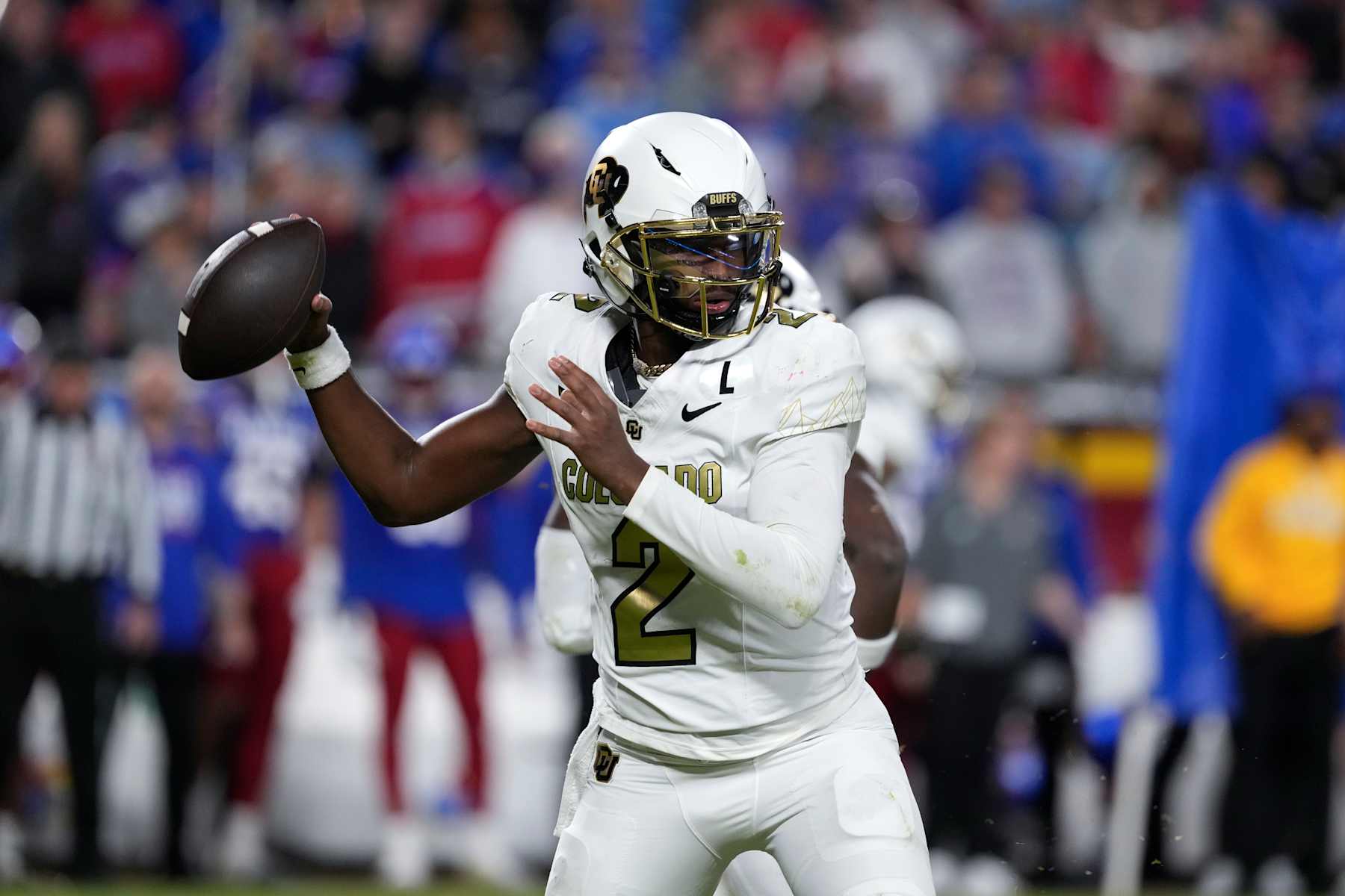 KANSAS CITY, MISSOURI - NOVEMBER 23: Quarterback Shedeur Sanders #2 of the Colorado Buffaloes passes in the second half against the Kansas Jayhawks at Arrowhead Stadium on November 23, 2024 in Kansas City, Missouri. (Photo by Ed Zurga/Getty Images)
