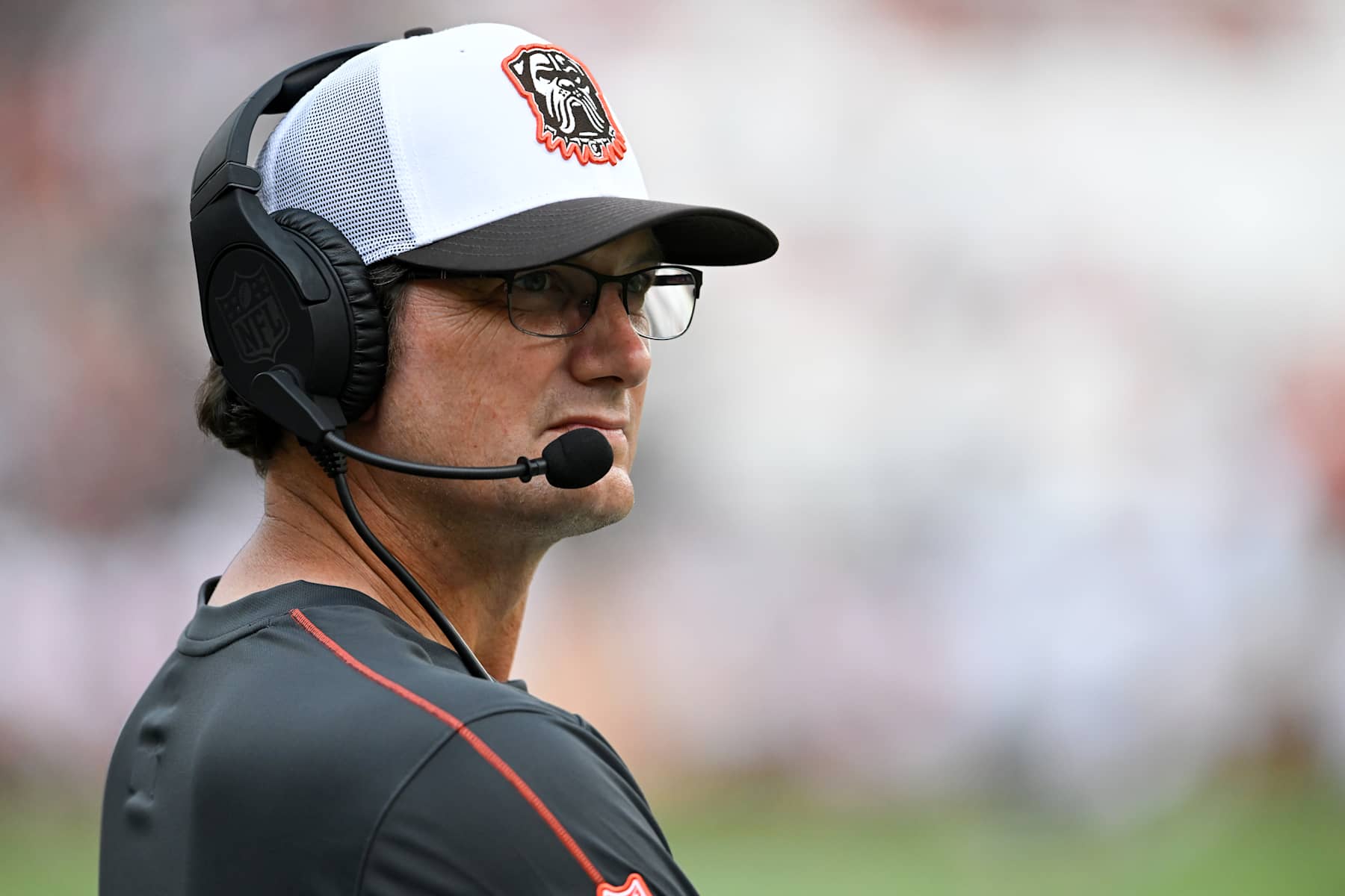 CLEVELAND, OHIO - AUGUST 17: Offensive coordinator Ken Dorsey of the Cleveland Browns looks on prior to a preseason game against the Minnesota Vikings at Cleveland Browns Stadium on August 17, 2024 in Cleveland, Ohio. (Photo by Nick Cammett/Diamond Images via Getty Images)