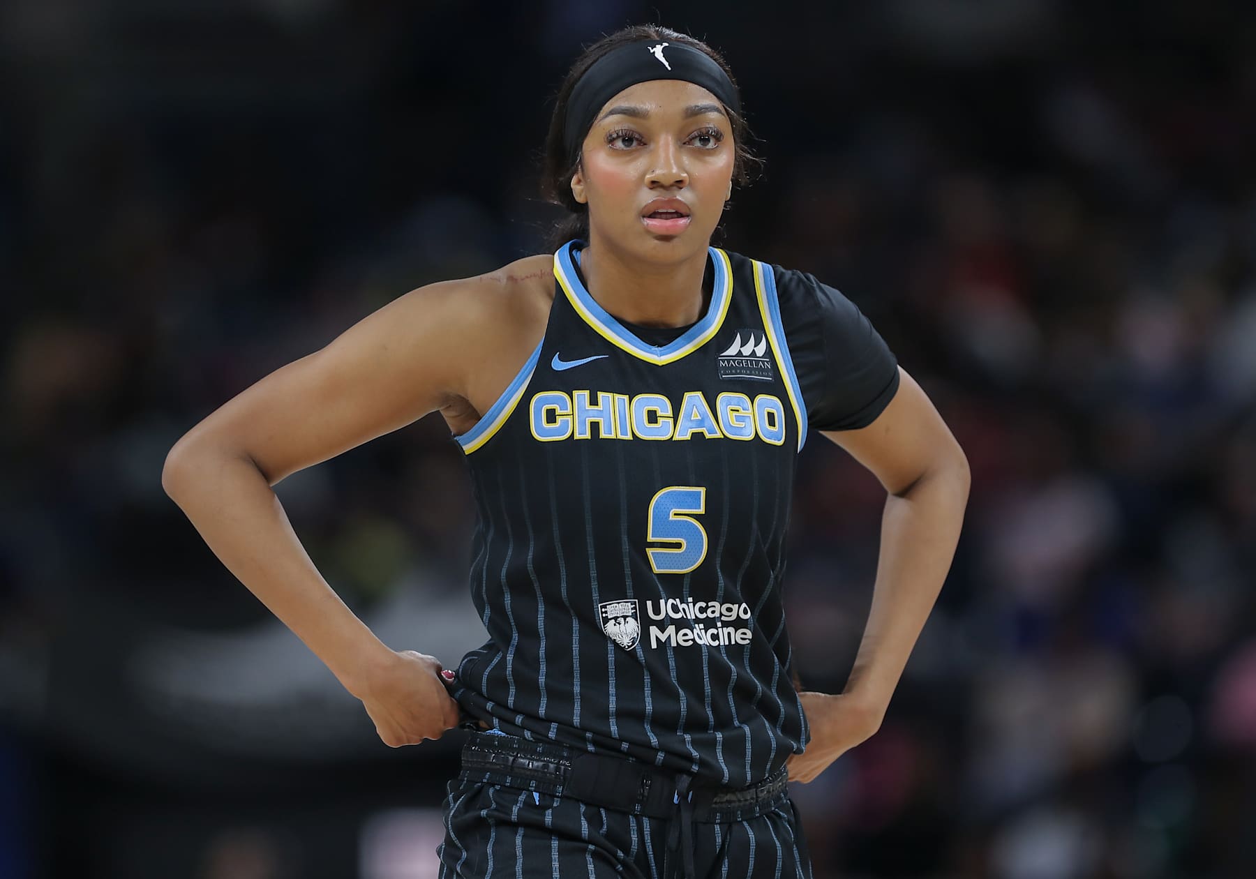 CHICAGO, IL - AUGUST 30: Angel Reese #5 of the Chicago Sky looks on before attempting a free throw during the first half of a WNBA game against the Indiana Fever on August 30, 2024 at Wintrust Arena in Chicago, Illinois. (Photo by Melissa Tamez/Icon Sportswire via Getty Images)