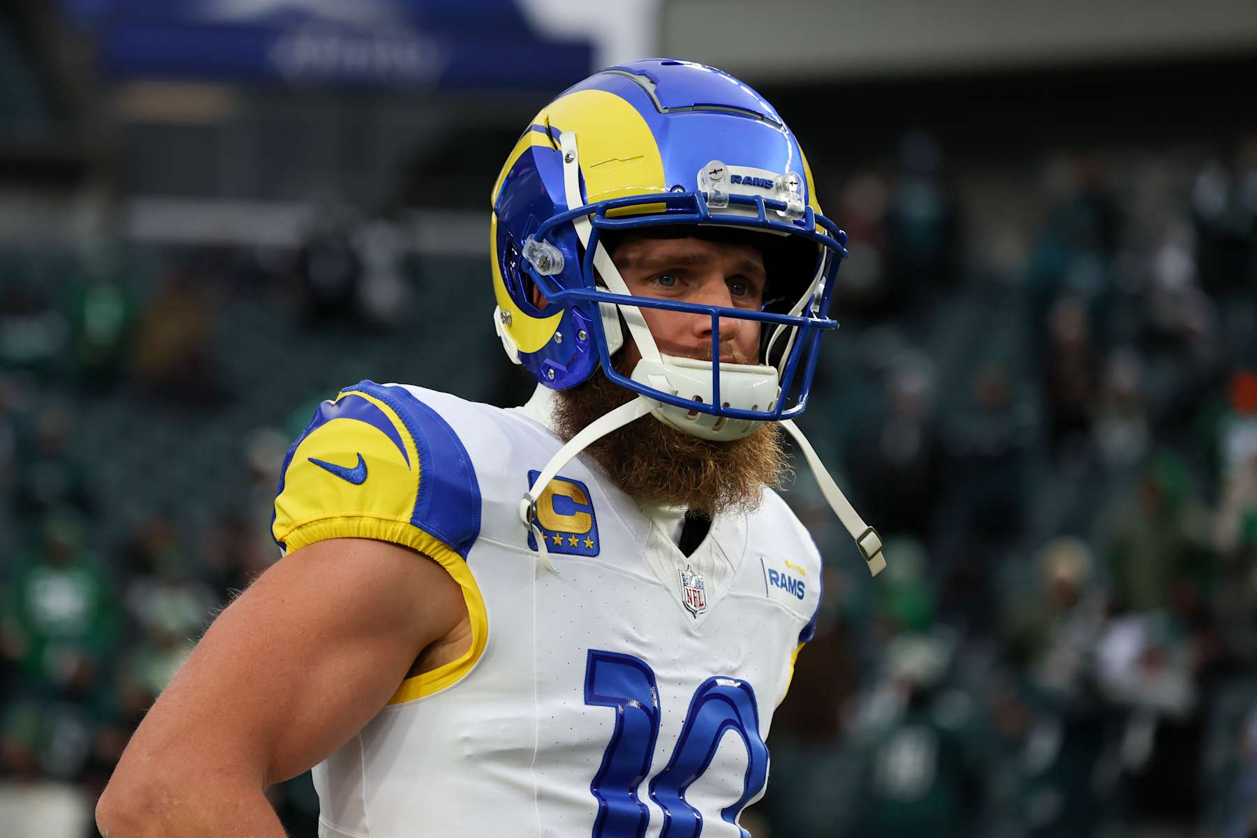 PHILADELPHIA, PENNSYLVANIA - JANUARY 19: Cooper Kupp #10 of the Los Angeles Rams warms up prior to the NFC Divisional playoff game against the Philadelphia Eagles at Lincoln Financial Field on January 19, 2025 in Philadelphia, Pennsylvania. The Eagles defeated the Rams 28-22. (Kara Durrette/Getty Images)