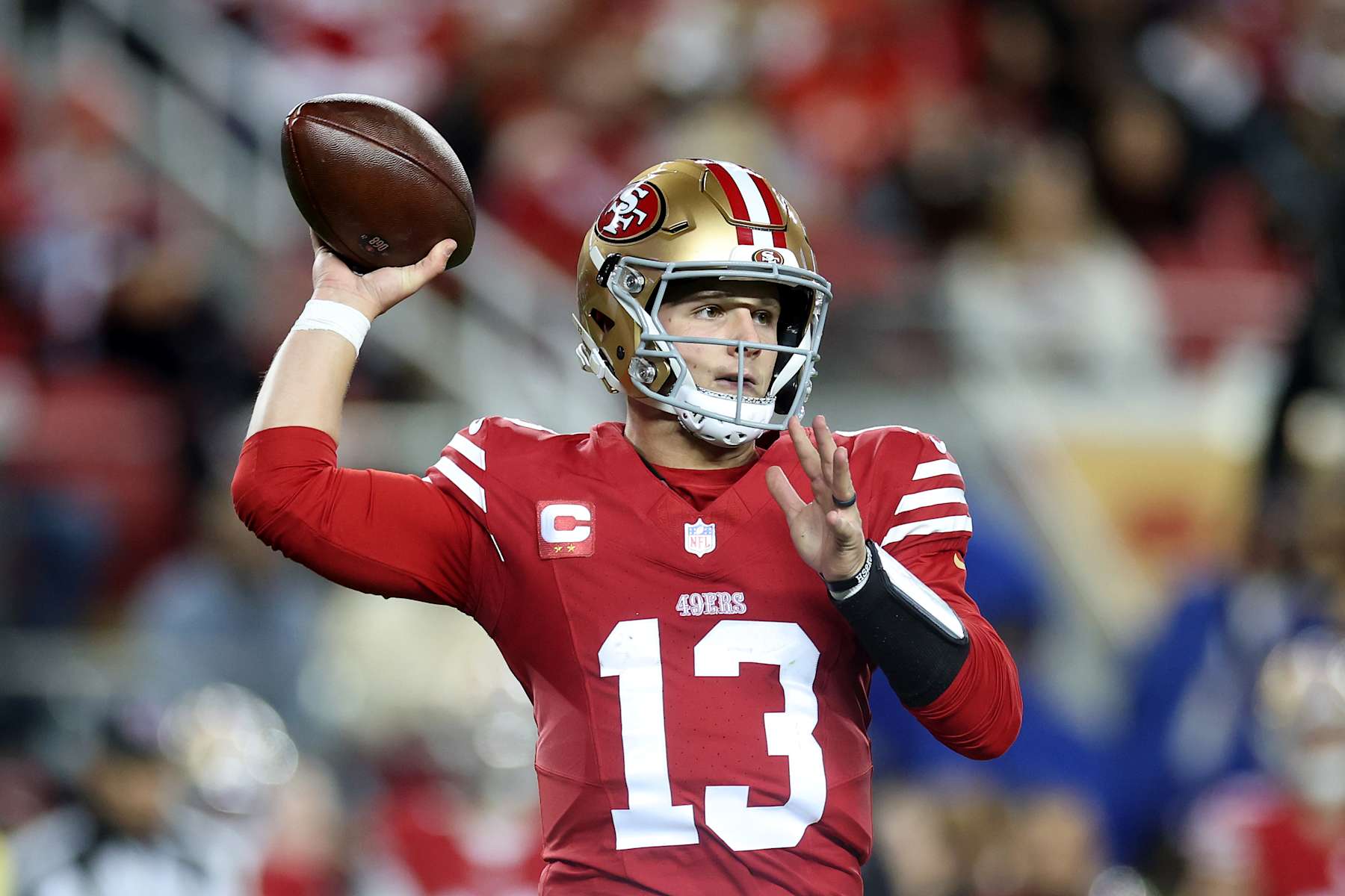 SANTA CLARA, CALIFORNIA - DECEMBER 30: Brock Purdy #13 of the San Francisco 49ers pass the ball against the Detroit Lions at Levi's Stadium on December 30, 2024 in Santa Clara, California. (Photo by Ezra Shaw/Getty Images)
